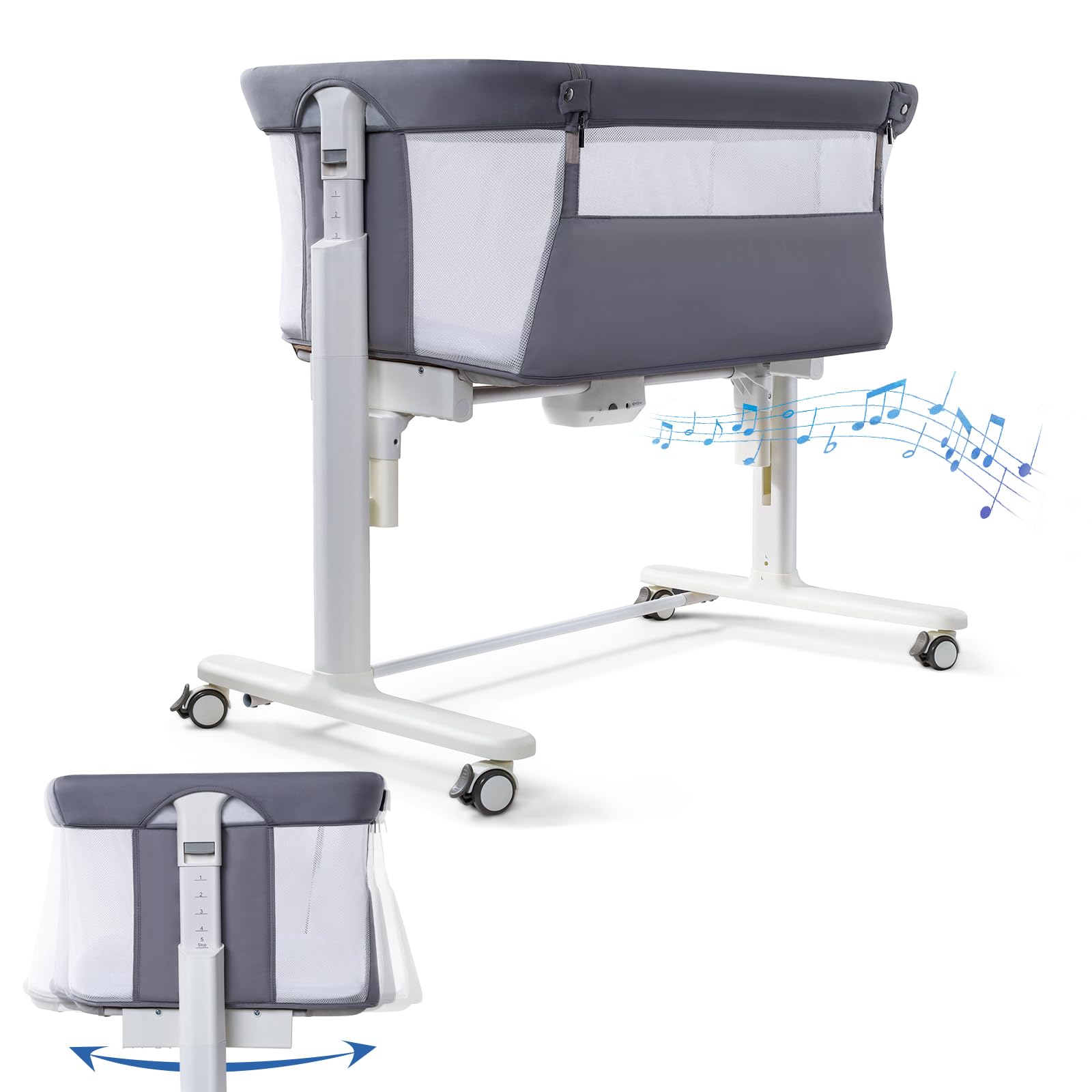 Electric Bassinet for Baby, 3 Speeds Automatic Rocking Bassinets with All mesh, 5 Height Adjustment Bedside Crib for Nweborn, 8 Music, Wheels, Light Grey