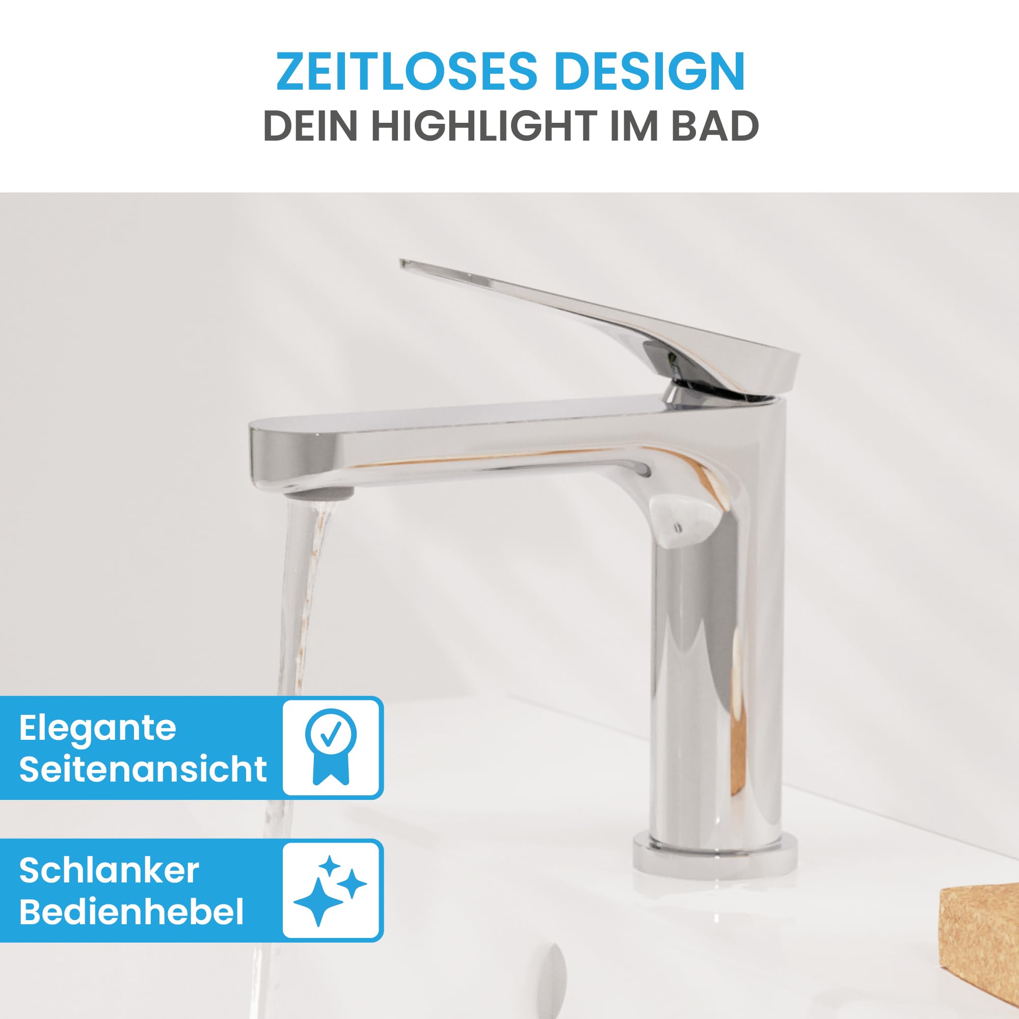 Bächlein Bundle - Badarmatur Elowa + Ablaufgarnitur platzsparend + Design Siphon - Chrom