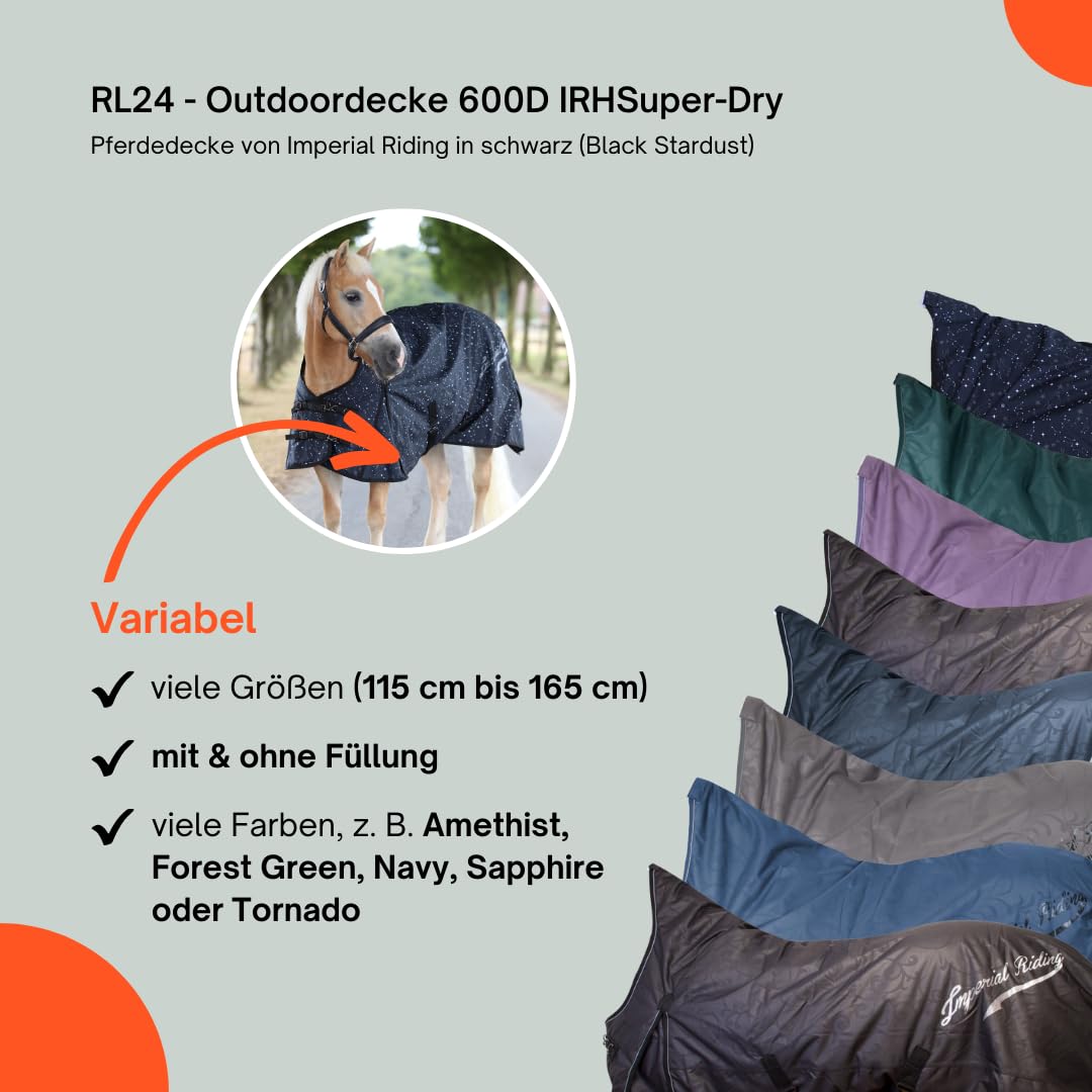 RL24 - Outdoordecke 600D IRHSuper-Dry Stardust Black 125cm | Pferdedecke von Imperial Riding mit Fleece-Futter – Regendecke, Übergangsdecke & Winterdecke – wasserdichte Weidedecke