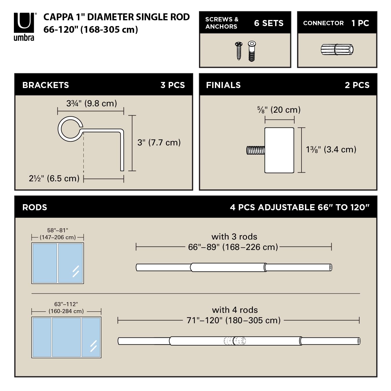 Umbra Cappa Tringle à Rideaux Double réglable de 2,5 cm pour fenêtres - 167,6-304,8 cm - Noir Mat