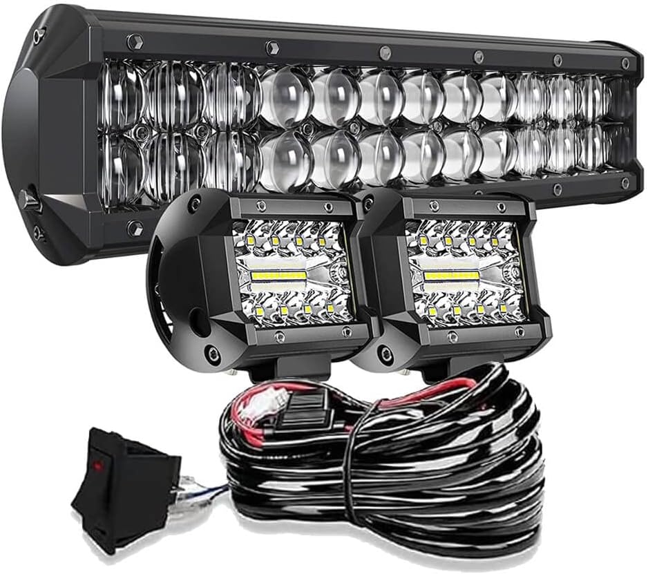 DOT 5D 12INCH 72W LED Light Bar+4Inch 60W LED Cube Pods with Wiring Kit Combo for Driving Lamp Polaris Ranger Honda Pioneer Can Am X3 Maverick Grand Cherokee XJ Dodge UTV ATV 4WD Trucks Boat Defender