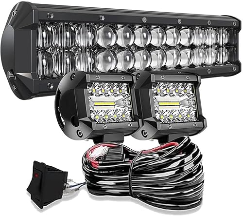 DOT 5D 12 Pulgadas 72W Barra de Luz LED + 4 Pulgadas 60W Cubo de Luz LED con Kit de Cableado Combo para Lámpara de Conducción Polaris Ranger Honda