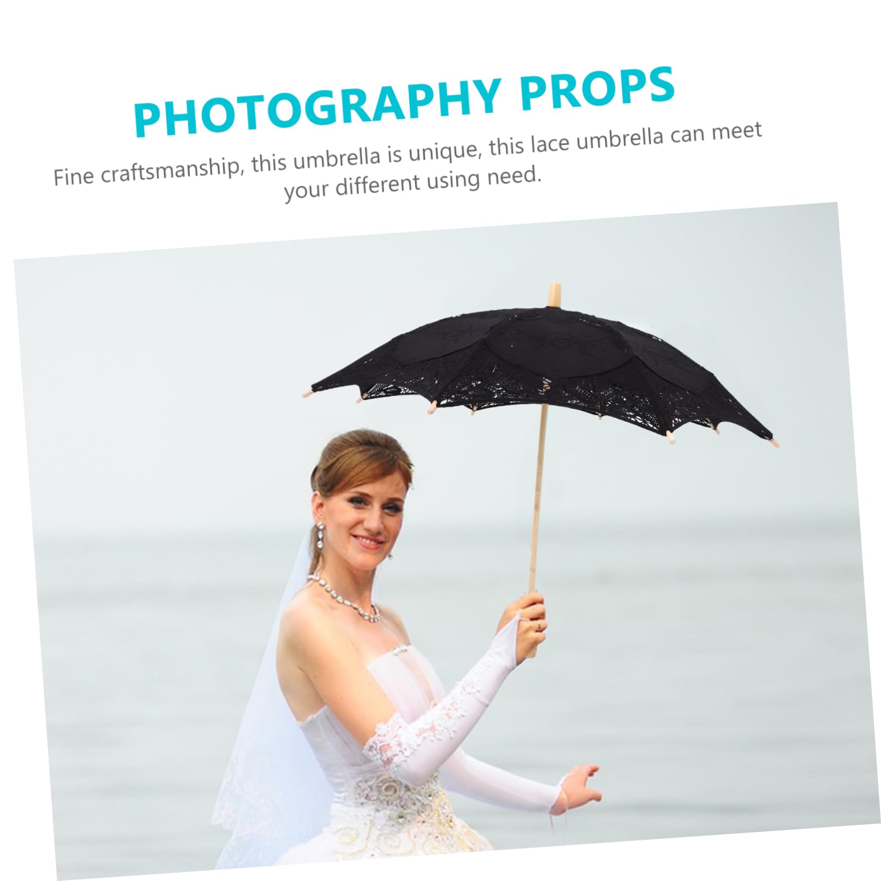 WOONEKY Paraguas de Encaje Elegante y Delicado para Fotografía, Estructura de Madera Resistente y Diseño Romántico para Bodas y Eventos Obsequios