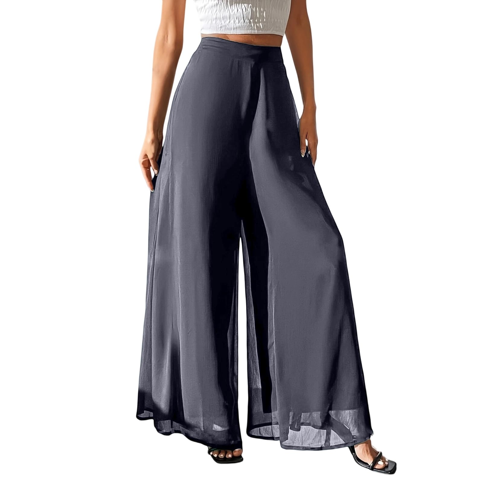 FQZWONG Palazzo Pants for Women Dressy Chiffon High Waist Wide Leg Pants Elegant Loose Fit Flowy Lightweight Long