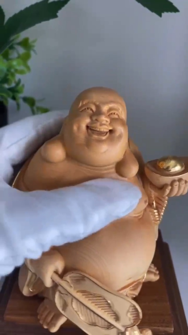大人気！ 仏像 木彫り 布袋様 置物 桧木製高級木彫り(高さ15cm×巾11cm