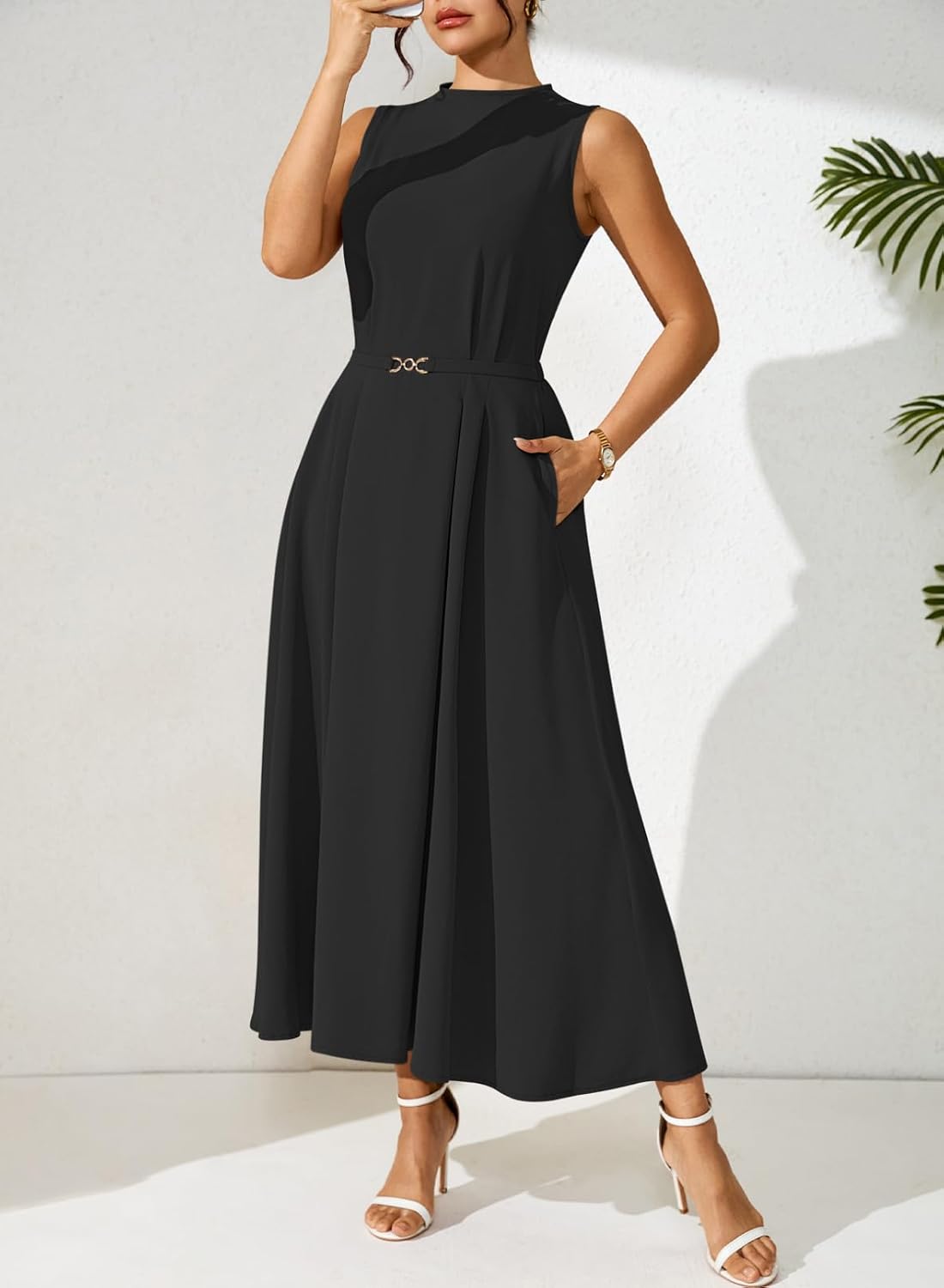 Pink Queen Business Casual Dress for Women 2026 Summer Office Work Midi Sleeveless A Line Empire Waist Semi Formal Dress