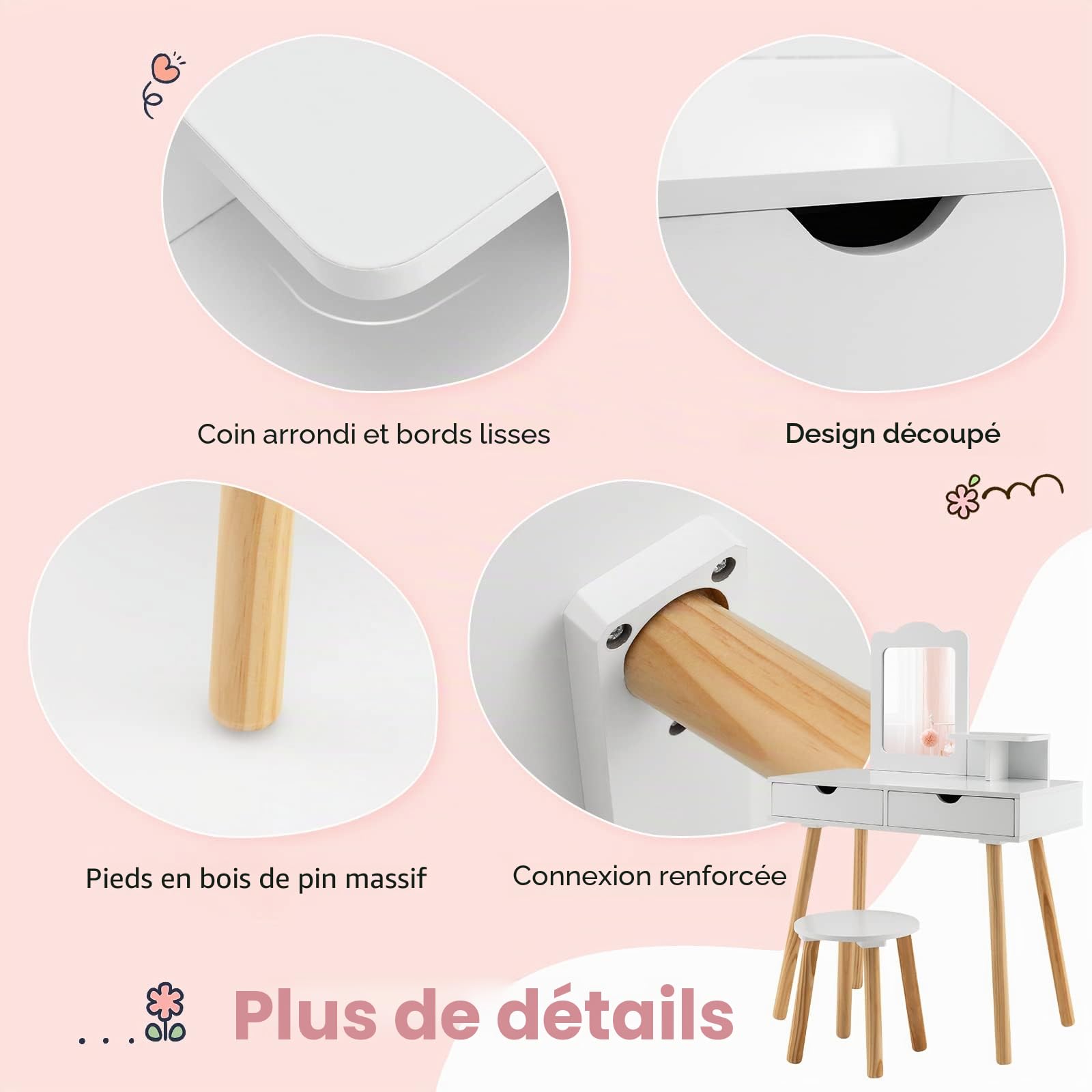 COSTWAY Coiffeuse 2 en 1 pour Enfants - Bureau et Tabouret avec Miroir Amovible, 2 tiroirs, Peigne, Commode en Bois pour Filles âgées de 3 à 7 Ans