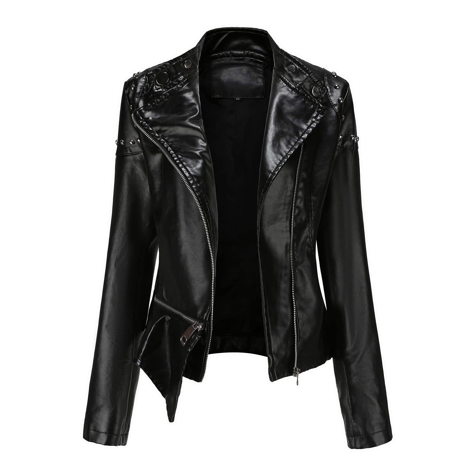 Chaqueta Mujer Invierno Abrigos De Cazadora Forro Polar，Chaqueta femenina de cuero sintético con cuello cremallera frontal bolsillos laterales diseño ajustado para motociclista abrigo ligero y modern