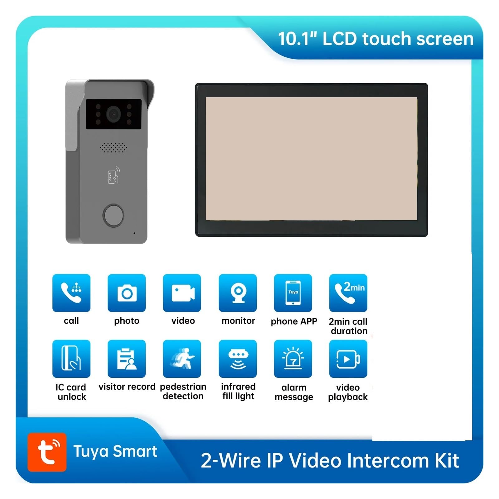 TUYA 10" LCD 2 Fils interphone vidéo écran Tactile Sonnette de Porte Intelligente visiophone Vision Nocturne Tuya for Villa Maison Appartement D2 Grand Angle(1to1 10inch TF 32GB)