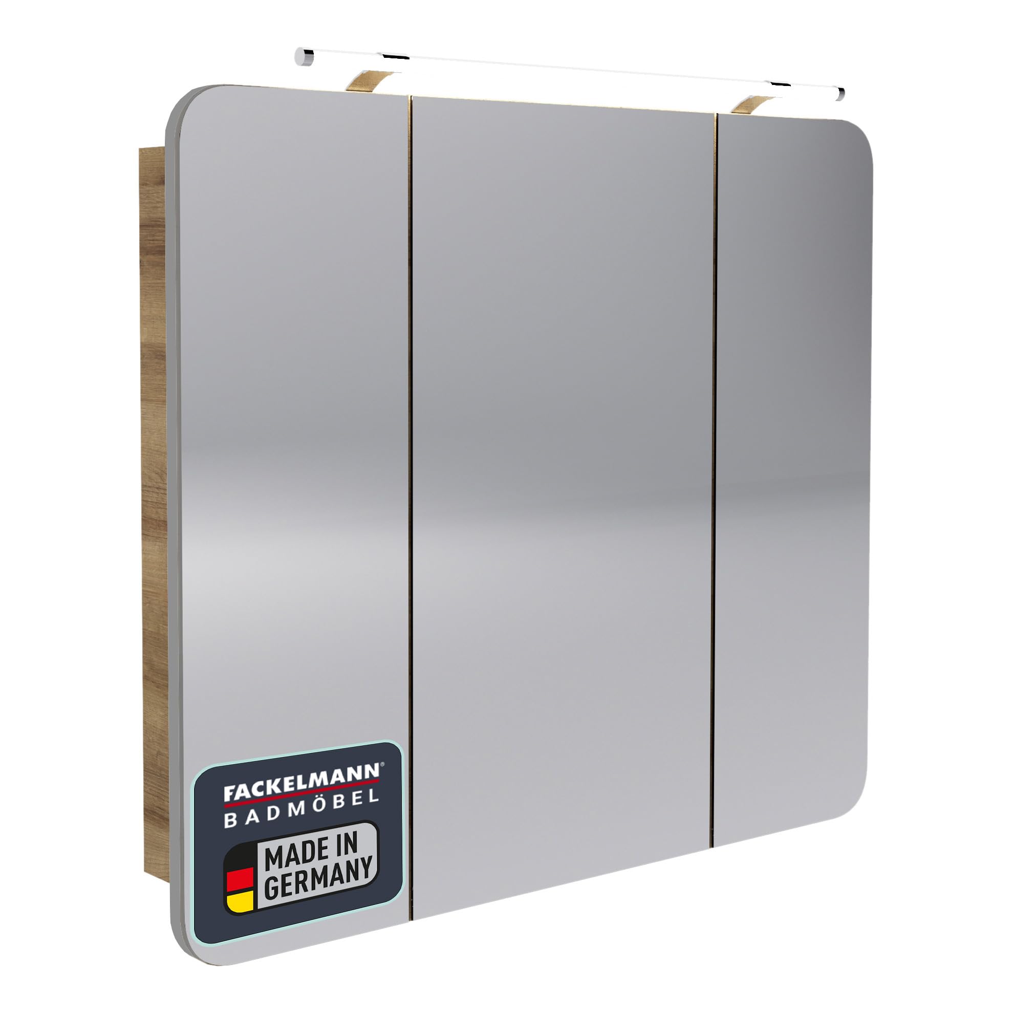 FACKELMANN LED Spiegelschrank Milano/Badschrank mit 3D Effekt/Soft-Close/Maße (B x H x T): ca. 90 x 78 x 15,5 cm/Schrank mit Spiegel & LED-Beleuchtung fürs Bad / 3 Türen/Korpus: Braun hell