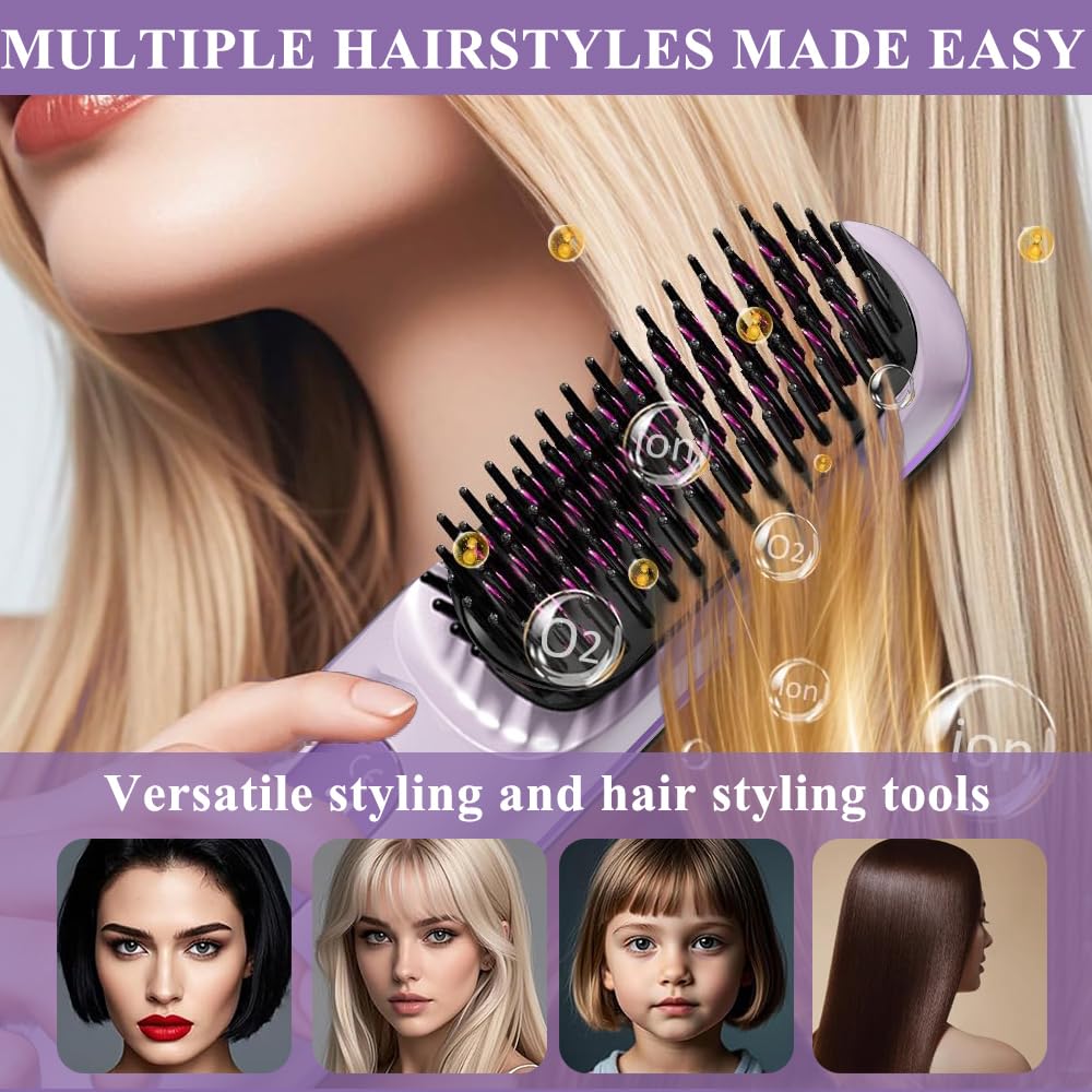 Spazzola Lisciante per Capelli Senza Fili, Mini Spazzola Lisciante per Capelli, 140°C-200°C 3 impostazioni di temperatura con display a LED, ideale per i viaggi e l'uso quotidiano (viola)