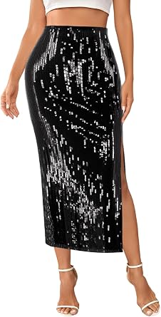 Haoohu Womens Sparkly Sequin Maxi Skirt High Waist Side Slit Bodycon Fit Stretch Long Skirts Night Out Party Clubwear