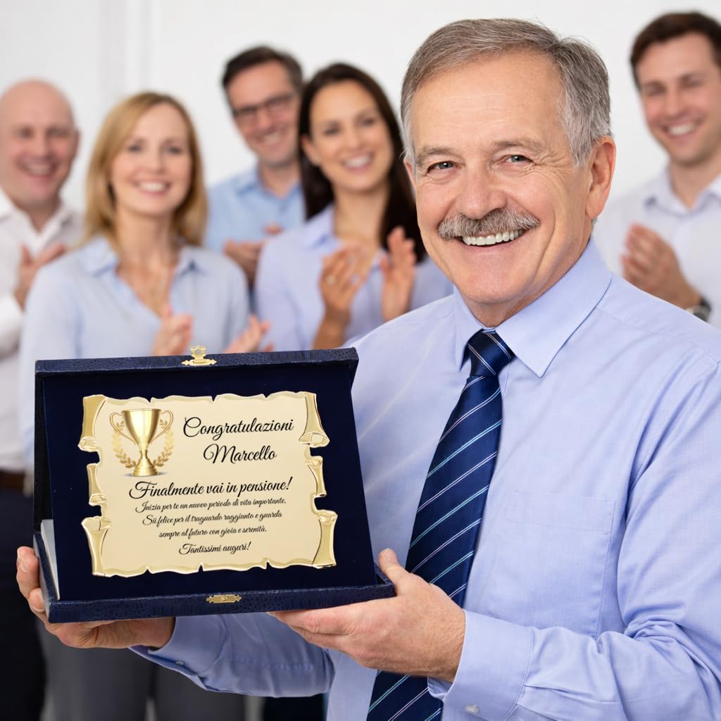 Targa Regalo per Pensione Personalizzata | Targhetta per Pensionato o Pensionata con dedica Personalizzabile | Congratulazioni per Pensione Pergamena Dorata con Cofanetto Blu