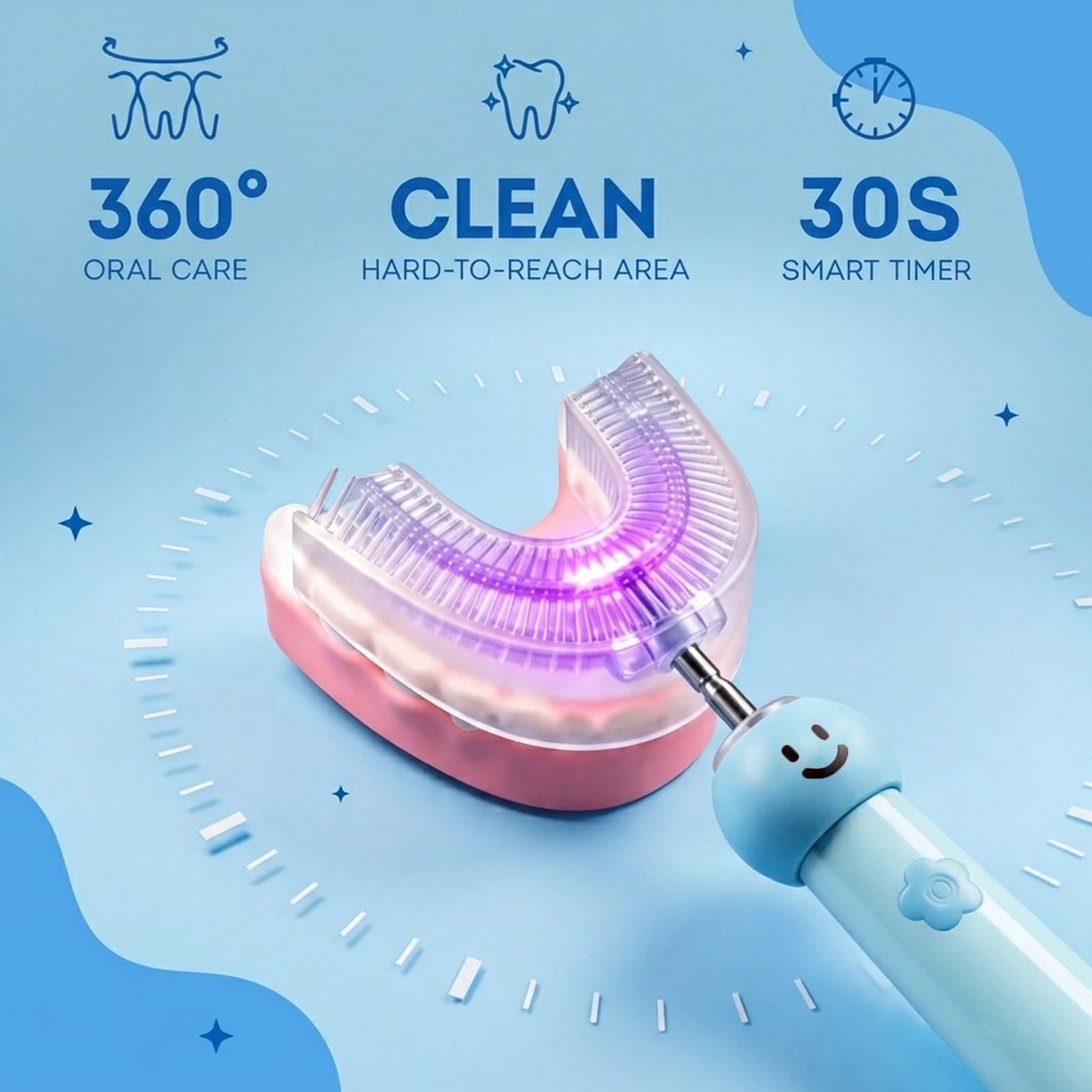 Cepillo de dientes eléctrico en forma de U para niños con 6 cabezales de cepillo, limpieza sónica automática de 360°, 3 modos, IPX7 impermeable, bonito diseño de dibujos animados, edades de 6