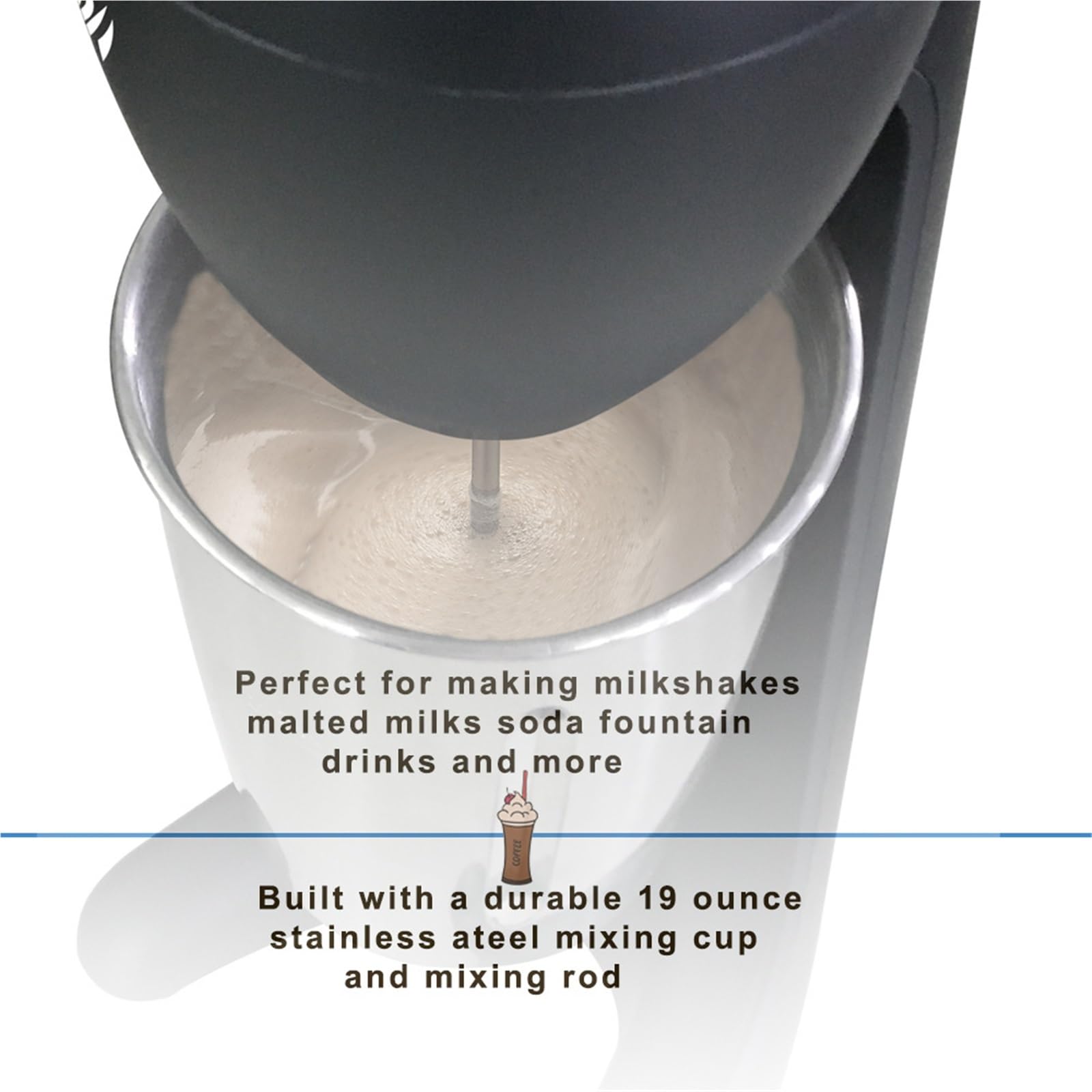 Mélangeur électrique à milkshake - Mélangeur automatique à 2 vitesses en acier inoxydable avec tasse à mélanger pour milkshakes et boissons