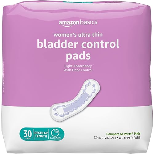 Amazon Basics Ultra Thin Incontinence, Bladder Control & Postpartum Pads for Women, Regular Length, Light Absorbency, Unscented, 30 count, 1 Pack, White (Previously Solimo)