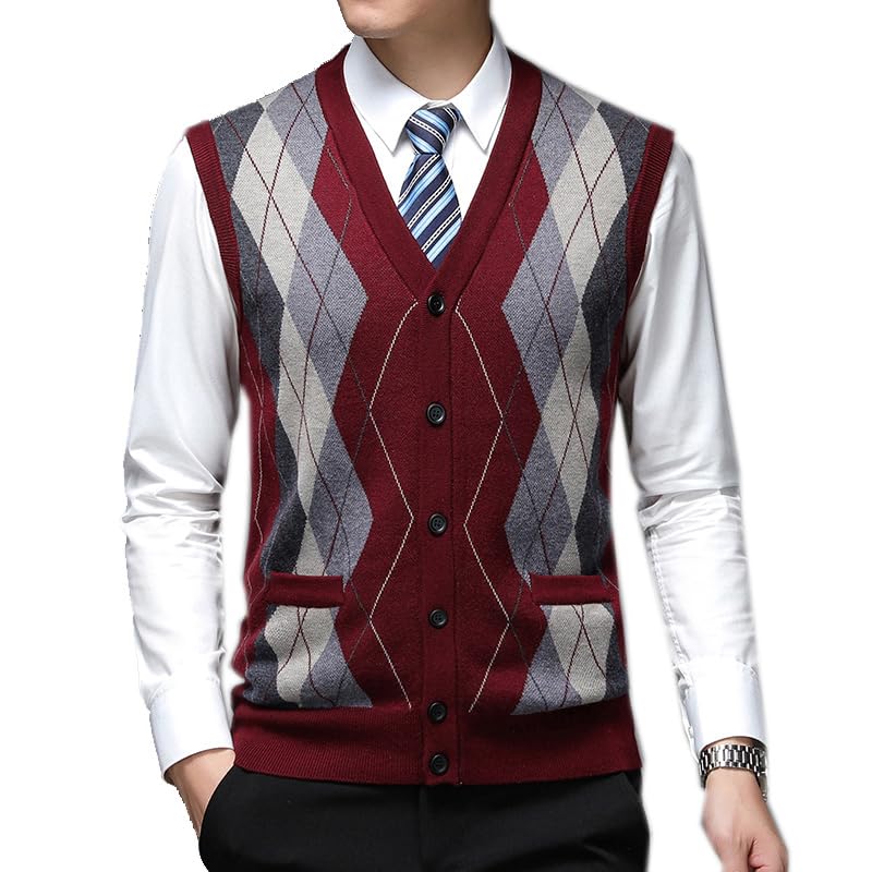 Men Vintage Sweater Cardigan Sleeveless Knit Buttons Down Patchwork 6% Wool Thick Warm Autumn Winter2
