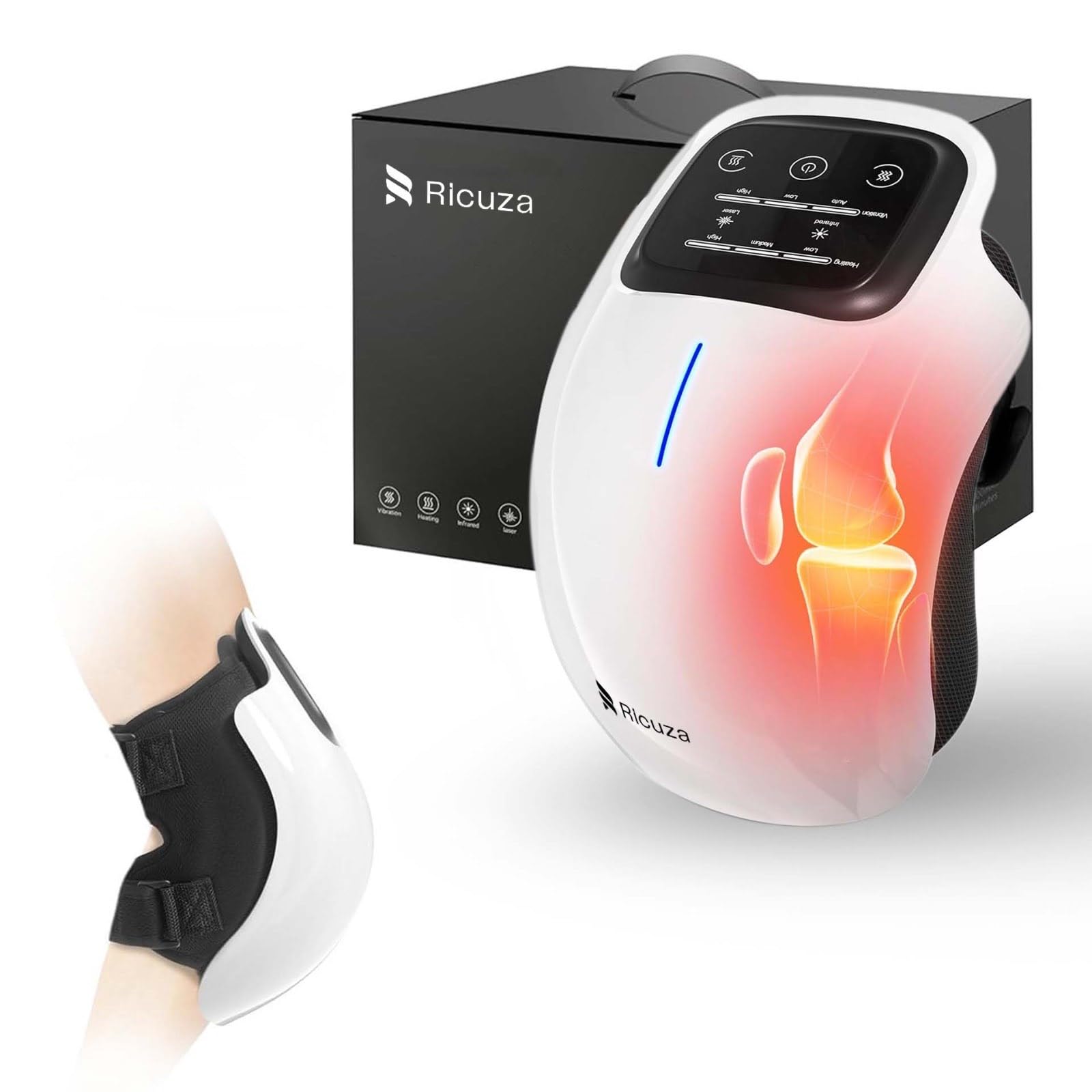 RICUZA Cordless Knee Massager for Joint Pain, Shoulder, Elbow | 3 Adjustable Heat and Vibration,Red Light Therapy, LED Touch Screen, Cramps, Relieves, Physiotherapy Arthritis for Women and Men