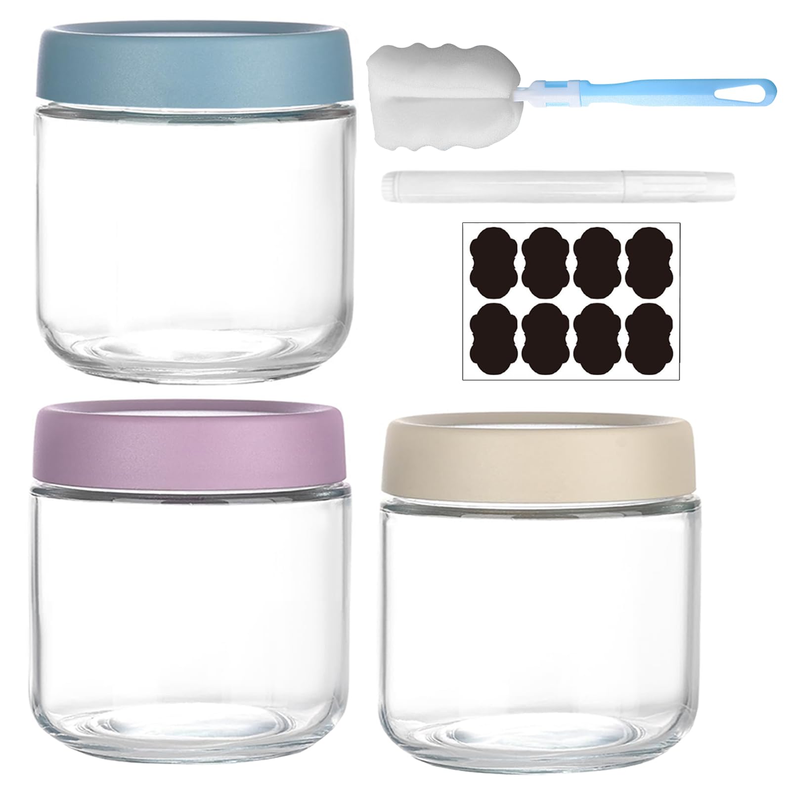 Eidoct Blue, Beige, Purple Clear Glass Jar With Screw Lid Leakproof Overnight Oats Container 3 Pack 300Ml/10Oz Wide Mouth Mason Salad Jars Reusable Food Jars Cereal Milk Vegetable Jam Protein Porridge Clear Storage Containers