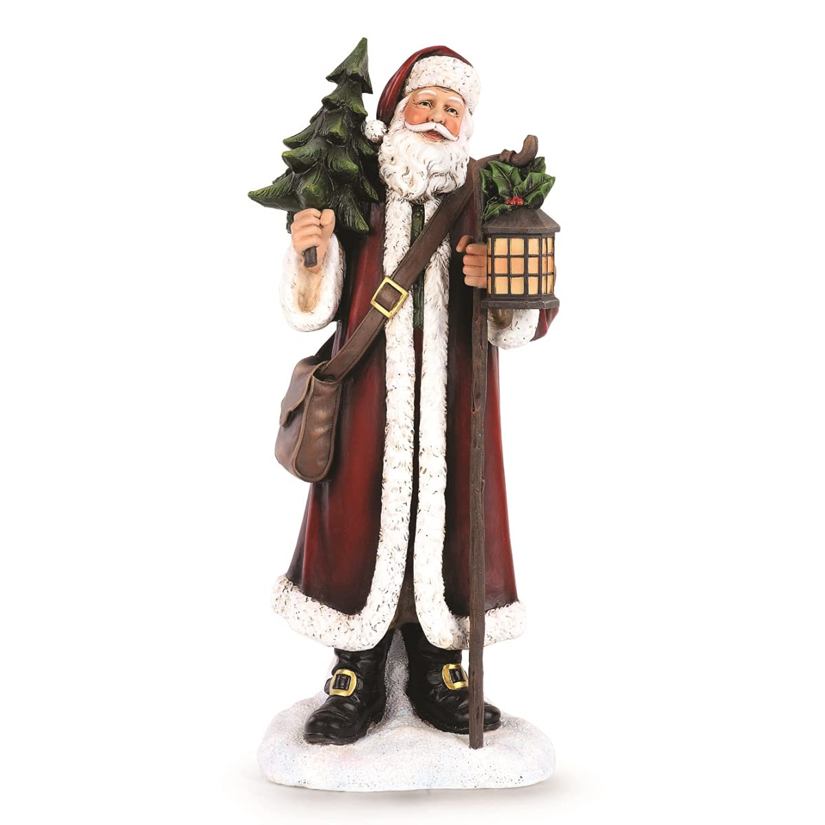 Napco Whimsical Red Santa with Tree and Lantern 16.75 x 7 Resin Stone Decorative Figurine