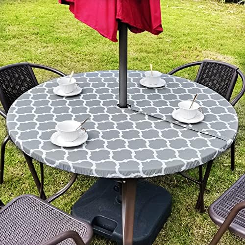 RANDLANTER Vinyl Round Fitted Tablecloth with Umbrella Hole Table Cover with Flannel Backing Oil&Waterproof Wipeable Vibrant Colors Elastic Edge Table Cover - Grey Morocco 36-44"