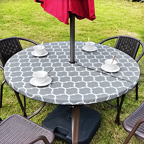 Randlanter Vinyl Round Fitted Tablecloth With Umbrella Hole Table Cover With Flannel Backing Oil&Waterproof Wipeable Vibrant Colors Elastic Edge Table Cover - Grey Morocco 36-44" #TOP25