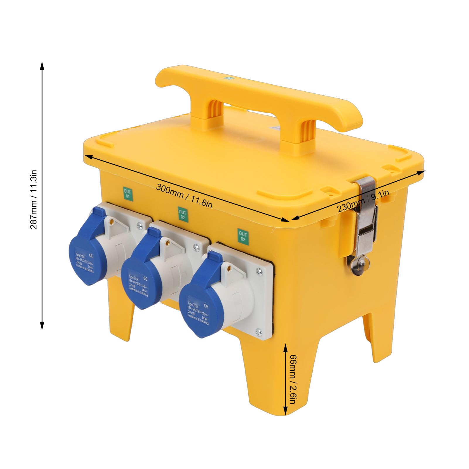 Distribuidor de Energía Portátil Caja Impermeable para Eventos de Construcción 3 Salidas CEE 3 Enchufes de Clavija 11.8x9.1x11.3in Amarillo