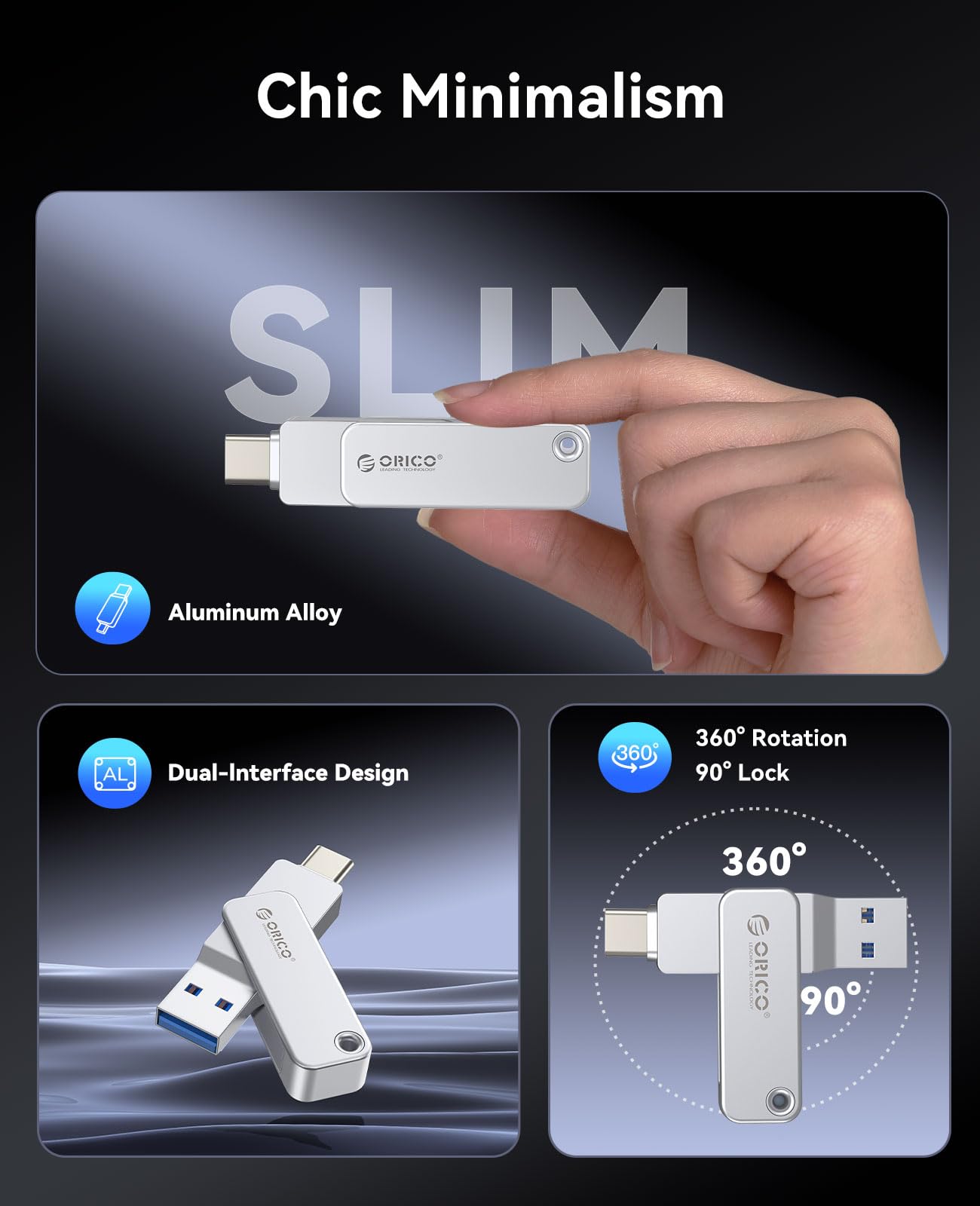ORICO Pamięć USB 256 GB USB 3.2 Gen 1 Dual USB-C i USB-A Mini Flash Drive, przenośna pamięć masowa, prędkość odczytu 150 MB/s do iPhone 16, Android, tabletów, laptopów, Mac, Windows Plug and Play