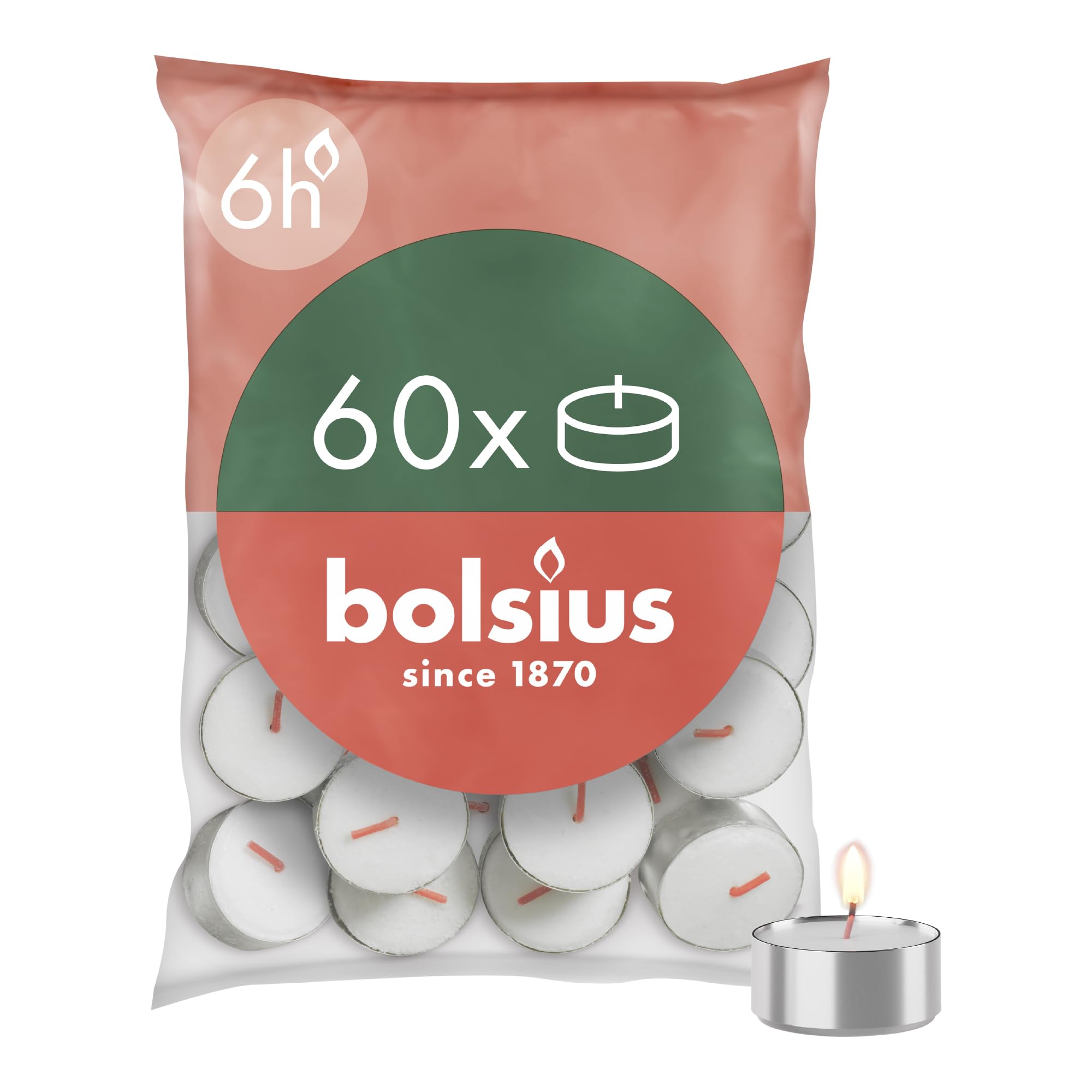 Bolsius D-Light Tea Lights - Pack of 60 - in Bag - Length Burning Time 6 Hours - Decorative Household Candles - White - Contains Natural Plant Wax - Without Palm Oil