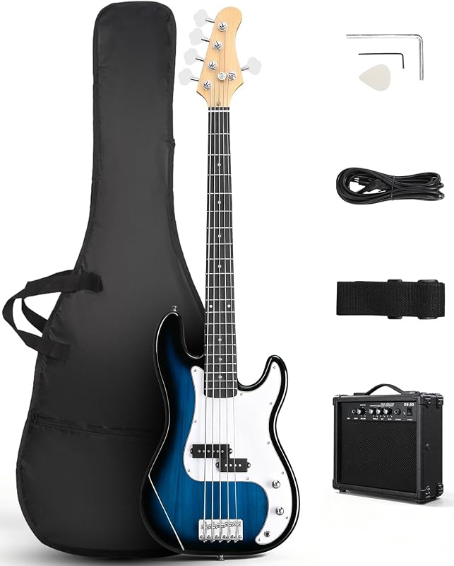 Ktaxon 5 String Bass Guitar Electric Bass Guitar Full Size 5 String Bass | All-in-one Beginner Bundle | 20W Practice Amp, Portable Bag, Adjustable Strap, Multi Tool Wrench, Cable, Picks (Blue)