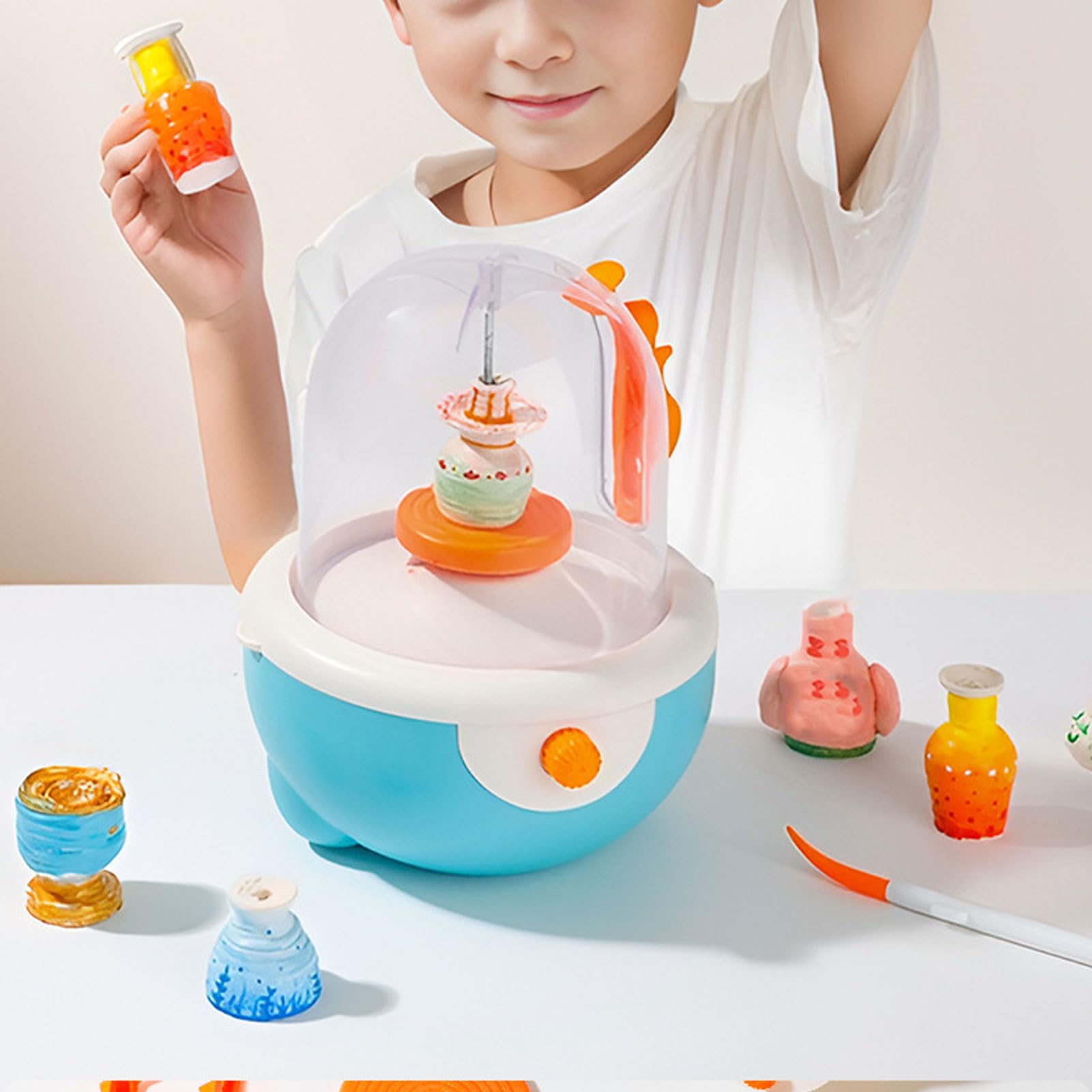 Mini-Töpferscheibe für Kinder, Elektrisch Drehbarer Drehteller, Mini-Töpferstudio, Einstellbare Geschwindigkeit, DIY-Kit, Tonmacher-Set mit Modelliermasse und Bildhauerwerkzeugen