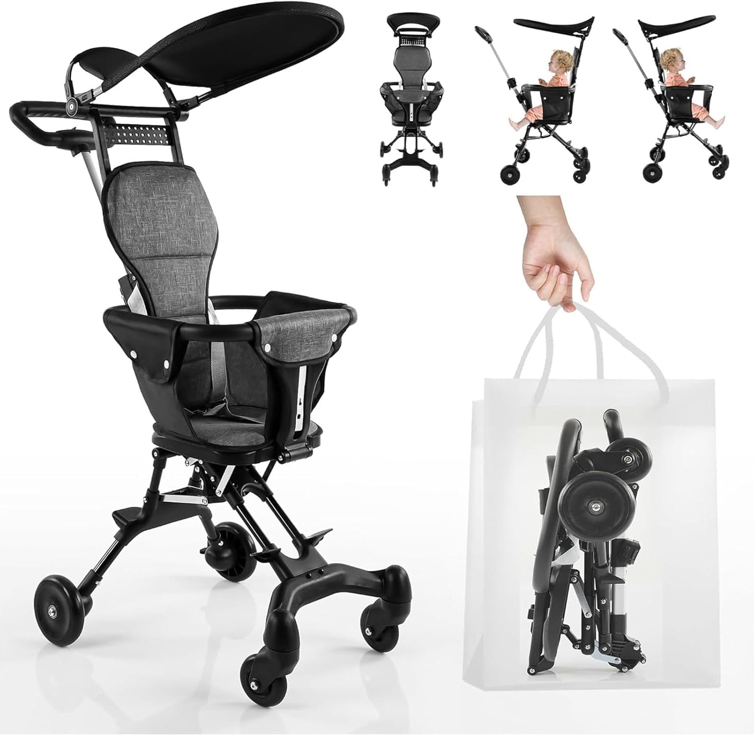Portable Travel Stroller for Airplane with Mini Umbrella, Lightweight and Compact with 360° Two-Way Rotational Seat, Coast Rider with One Hand Easy Fold-picture-22