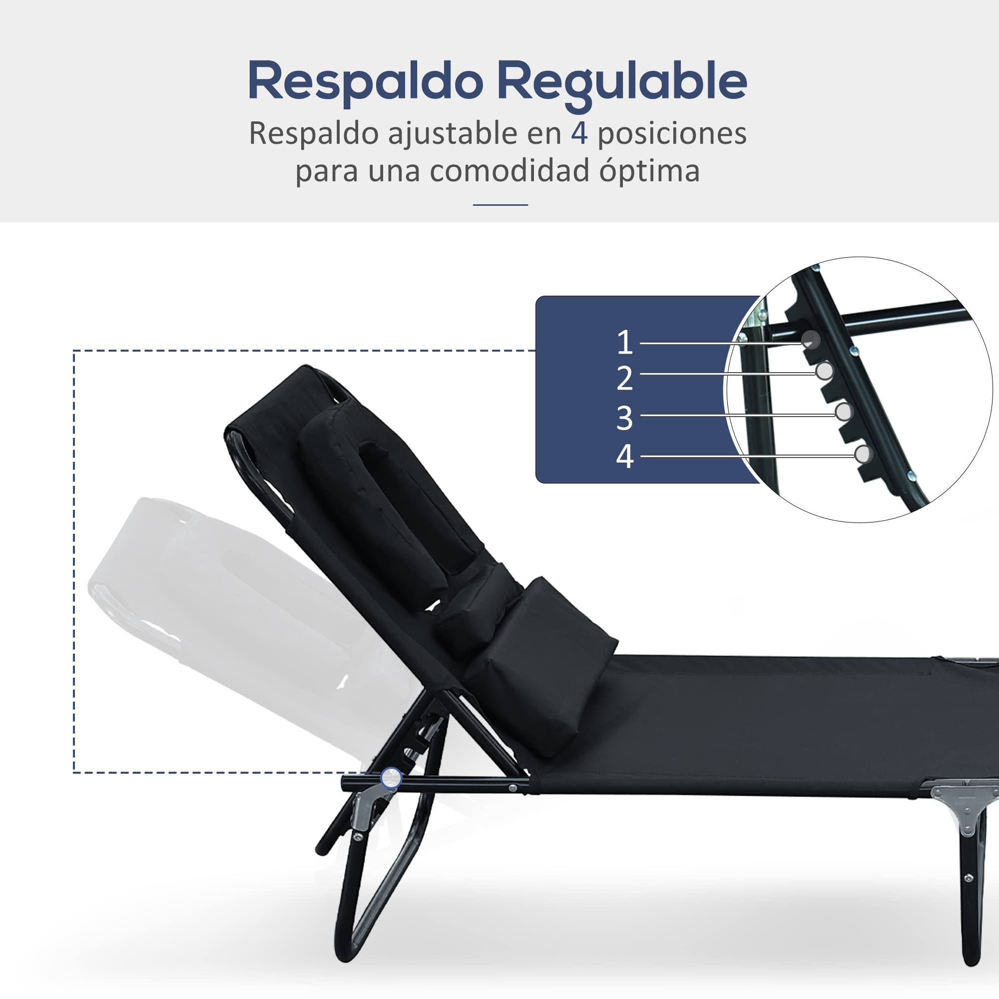 Tumbona Reclinable Acero Hamaca Plegable Playa con Almohada Masaje y Leer Negro