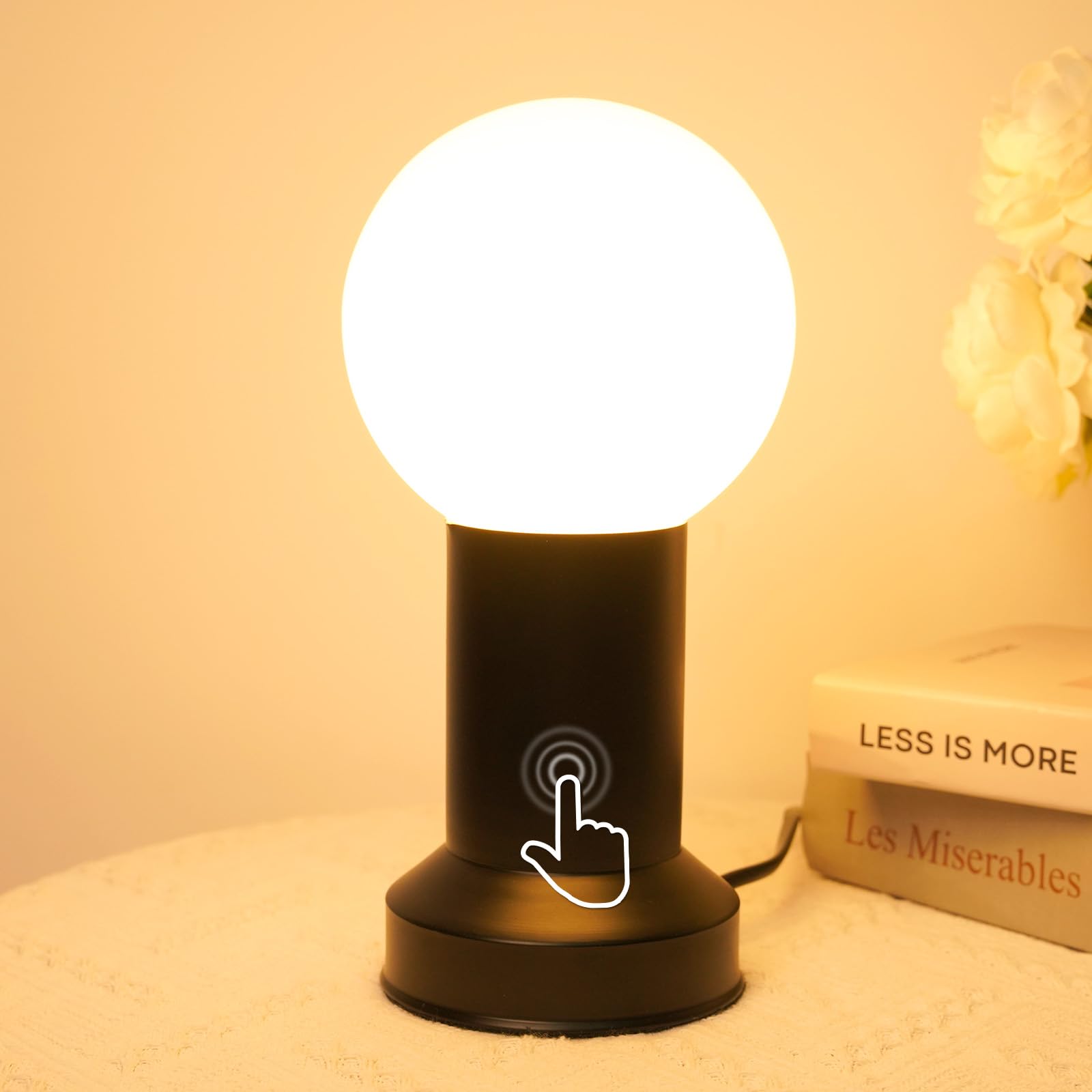 Brightwish Black Small Table Lamp Touch Control Bedside Lamps, Mid Century Modern Globe Table Lamp (Black)