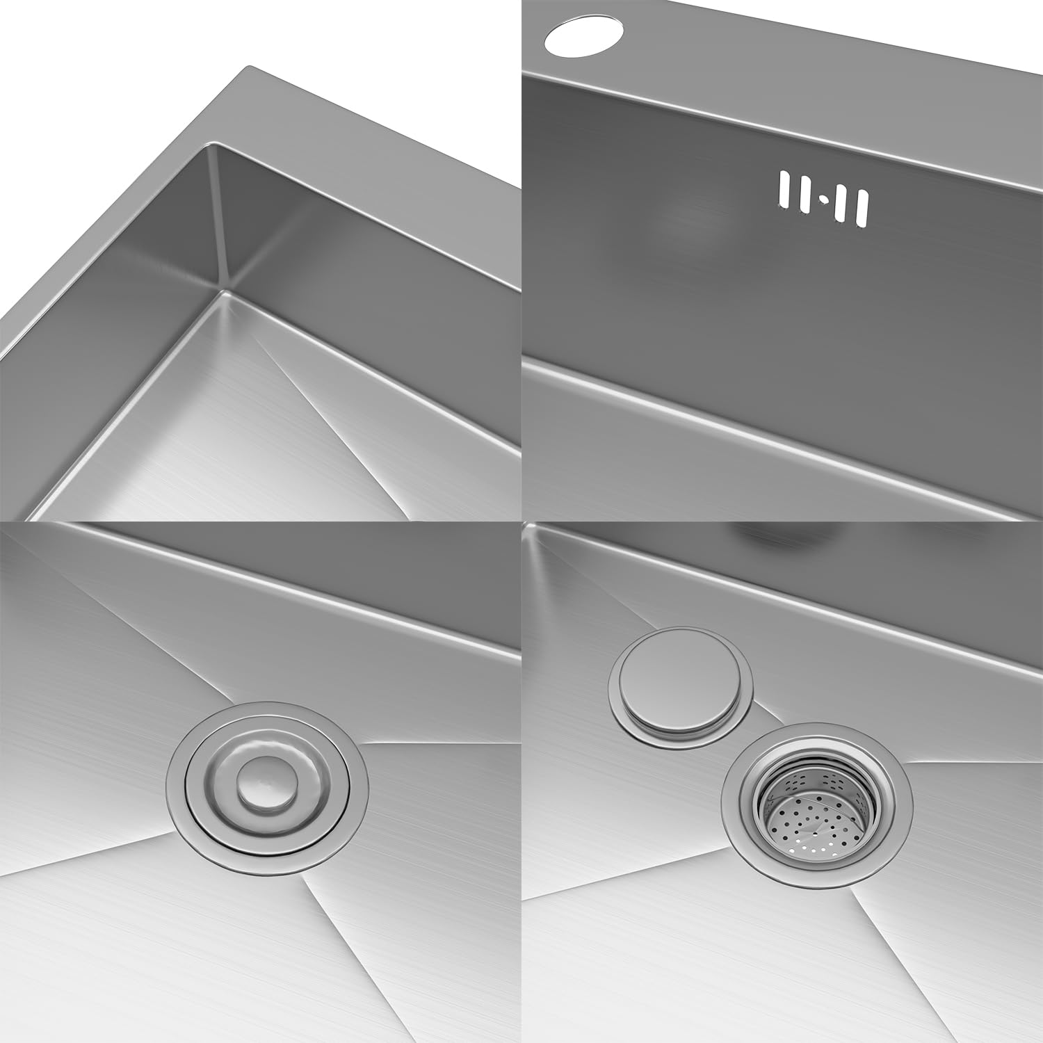 STANEW Lavello da cucina con 1 vassoio 50 x 45 cm, lavello da incasso, fori per rubinetti e dispenser di sapone, argento