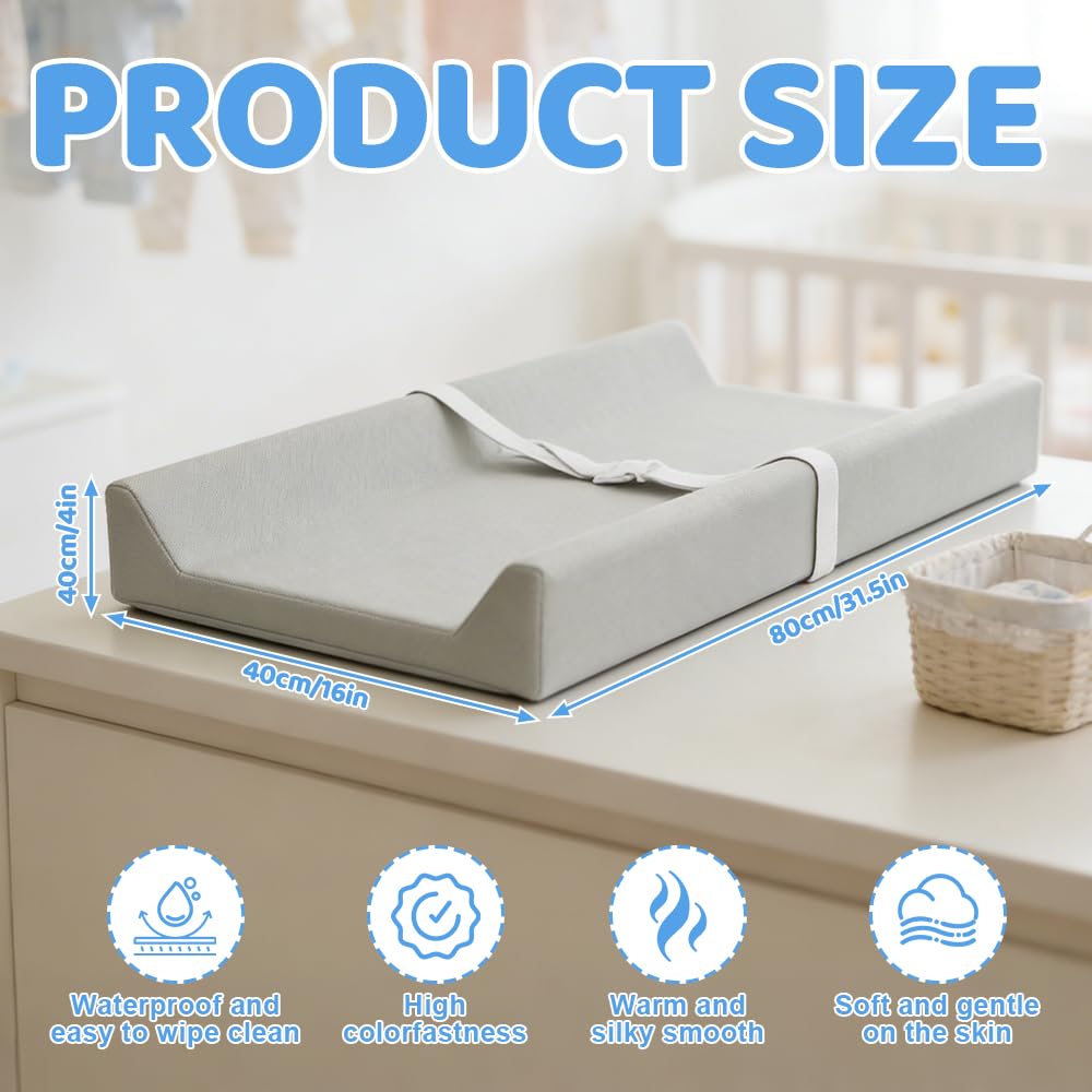 NAVESO Cambiador de pañales para bebé, antibalanceo, 80 x 40 x 10 cm, cambiador de pañales con cinturón de seguridad ajustable, antideslizante, con cubierta de poliuretano impermeable y suave para