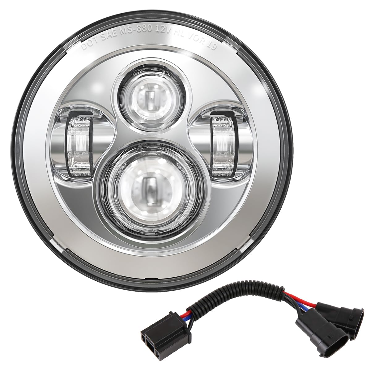 BICYACO Silver 7 Inch Motorcycle LED Headlight+ H4 to H9/H11 Wire Harness Adapter