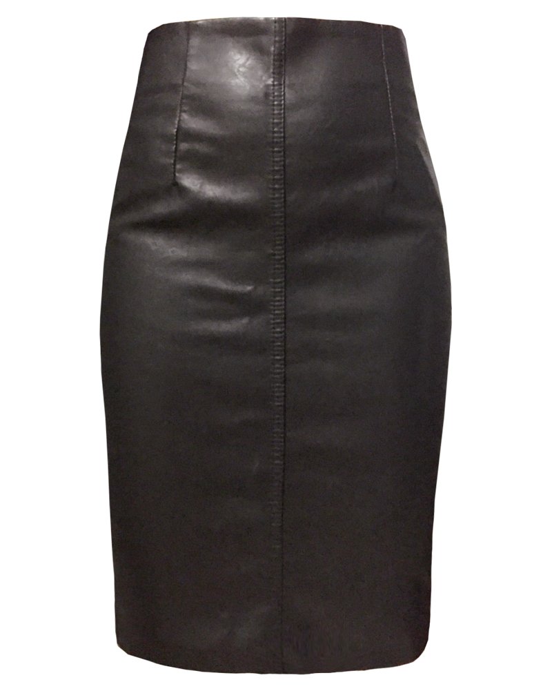 Women High Waist Back Split Black Leather Knee Length Fitted Pencil Skirt