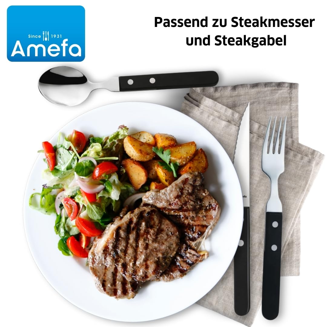 Amefa PIZZA 7000 - Set di cucchiai per pizza/bistecca per 6 persone, manico nero, in acciaio inox 18/0, lucidato e antiruggine, 2 manici rivettati in legno di Pakka, posate da bistecca, set di posate