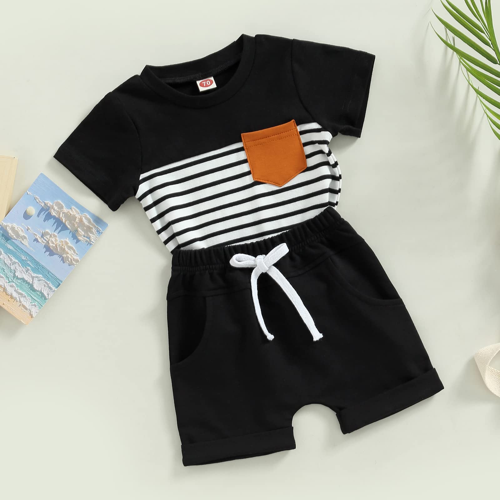 Rommioluya Baby Boy Summer Clothes Colorblock T-Shirt and T-Shirt Striped Shorts Set Infant Boy Summer Outfit