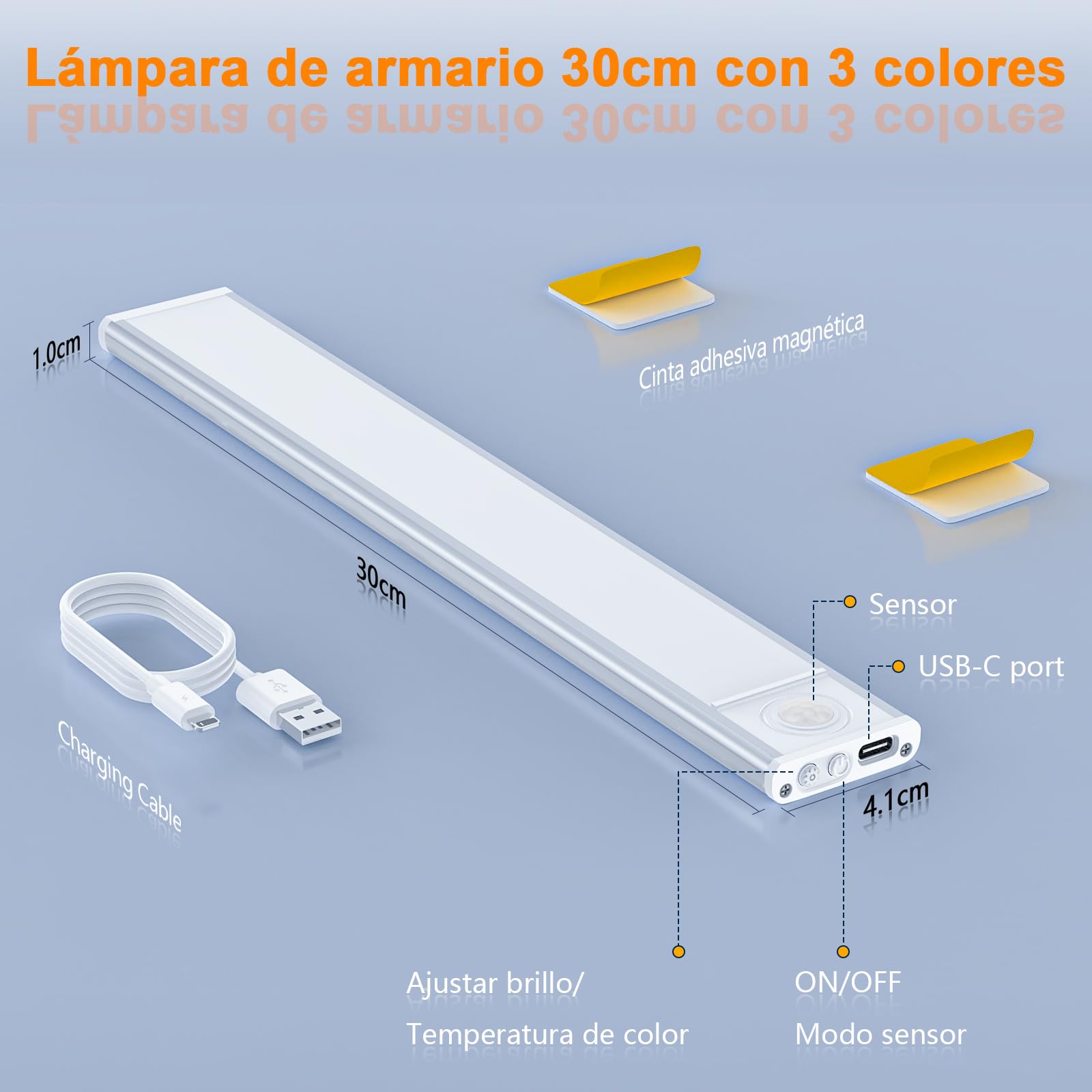 Luz LED Armario 30cm con Sensor de Movimiento 3000mAh USB-C Recargable | 3 tonos de color, batería 3000mAh con carga USB-C, perfecta para cocina, pasillos, escaleras, garajes y sótanos