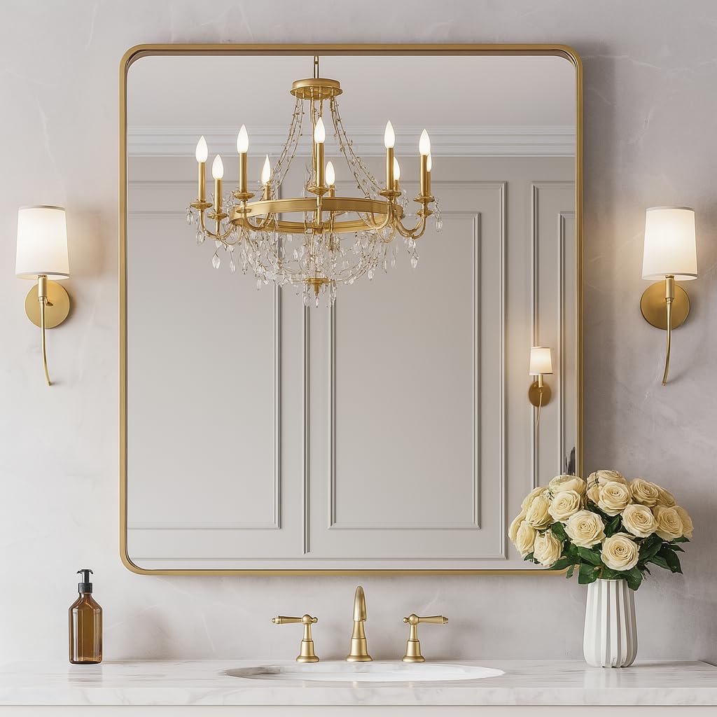 gold 28x36 inch metal framed mirror for wall, rounded rectangle mirror, anti-rust, tempered glass, hangs horizontally or vertically