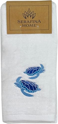 Miniatura 4 de Toallas de mano suaves y absorbentes para baño de invitados de tortuga marina diseño bordado azul turquesa azul real, 2 piezas
