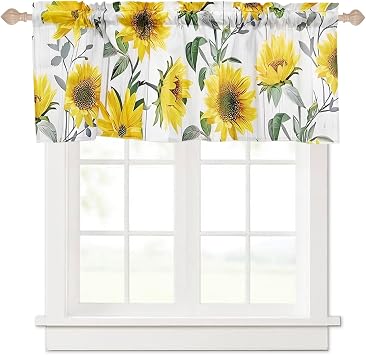 LeLehome Window Curtain Valance, 18" L X 54" W Sunflowers Spring Linen Floral Rod Pocket Flowers Pattern for Kitchen Bathroom Bedroom Summer Festival Holiday Home Decor