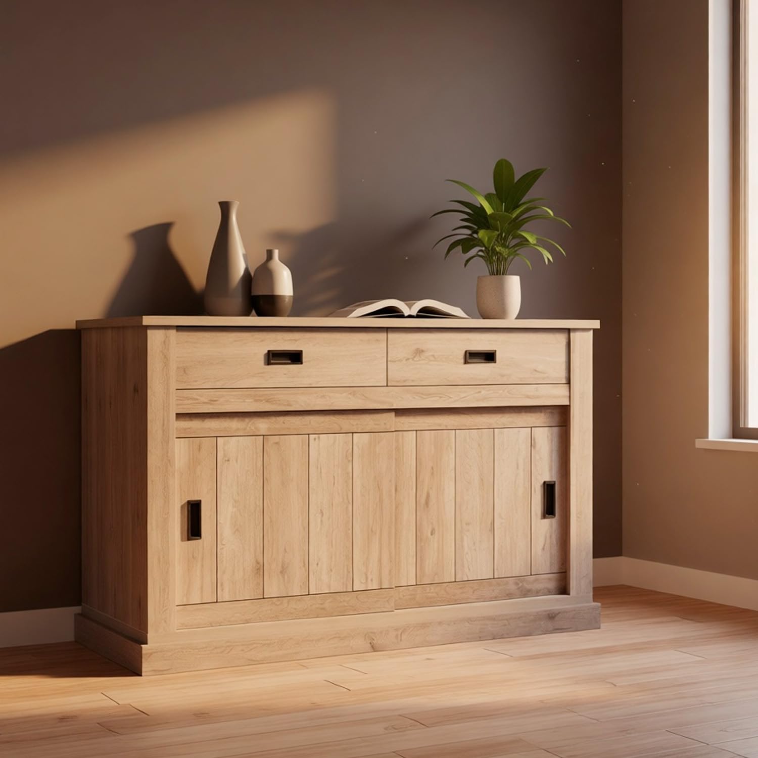 Arreditaly Madia Credenza Mobile Soggiorno Con 2 Cassetti E 2 Ante Scorrevoli 4 Ripiani Interni Design Minimal Shabby Chic Sala Da Pranzo Zona Living 150 x 50 x 95.5 Cm (Rovere Alaska)