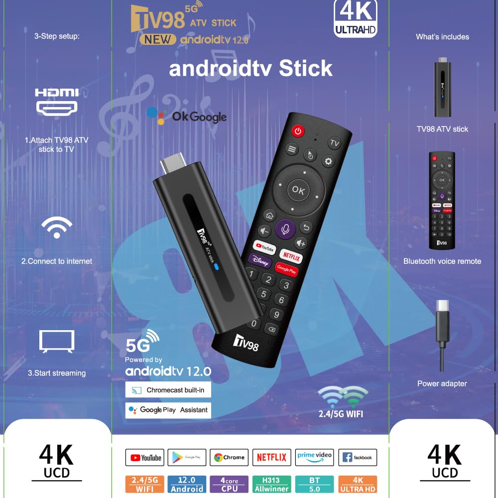 Android TV Stick 12.0 DDR4 2GB RAM 16GB H313 Quad-Core 64bit WiFi5 Dual 2.4G/5G WiFi 4K HDR10+ Ultra USB HD Smart TV STICK box