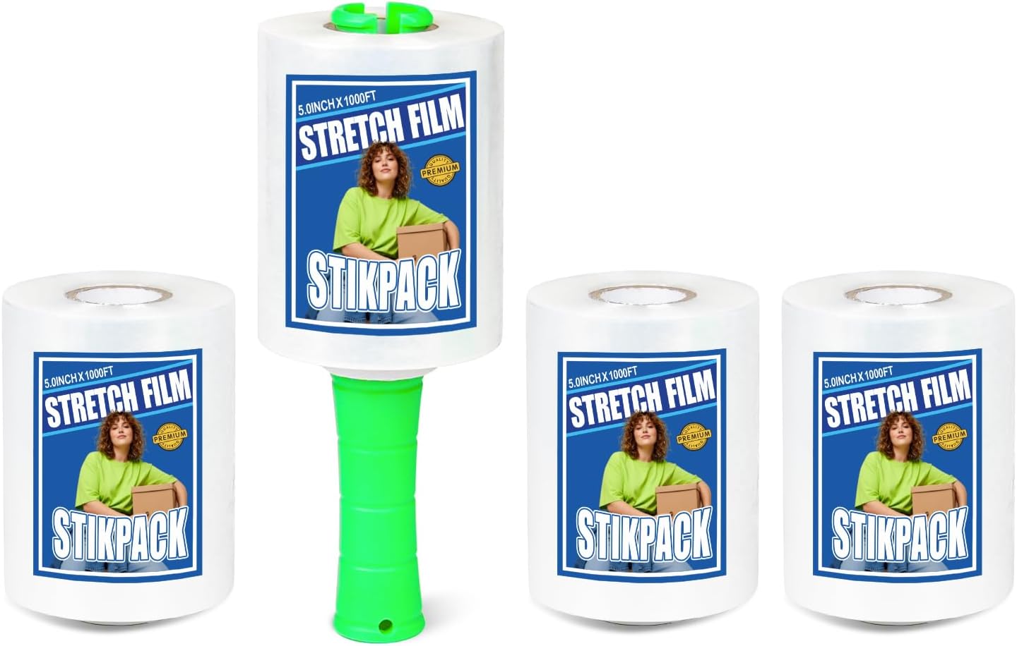 4-Pack Industrial Strength Mini Clear Stretch Wrap Film 5" 1000 Ft Roll 80 Gauge Thick with Plastic Handle, Durable Self-Adhering Heavy Duty Shrink Plastic Wraps for Pallets Moving & Packing