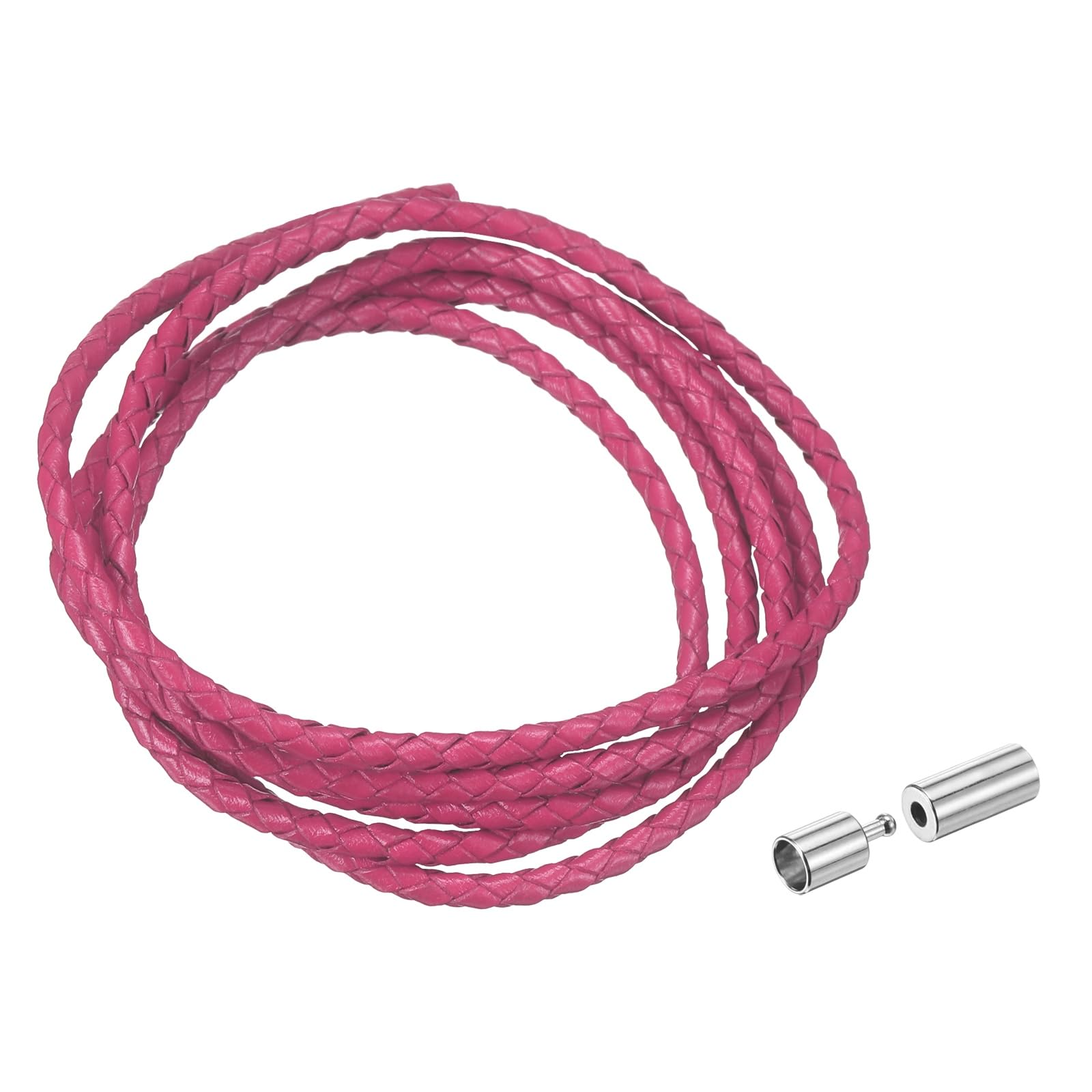 sourcing map Braided Genuine Leather Cord, 3mm 1.1 Yard Round Braiding String with Buttons, Leather Bolo Tie Cord for Crafting, Jewelry Making, Bracelets, Home Decoration, Rose Red