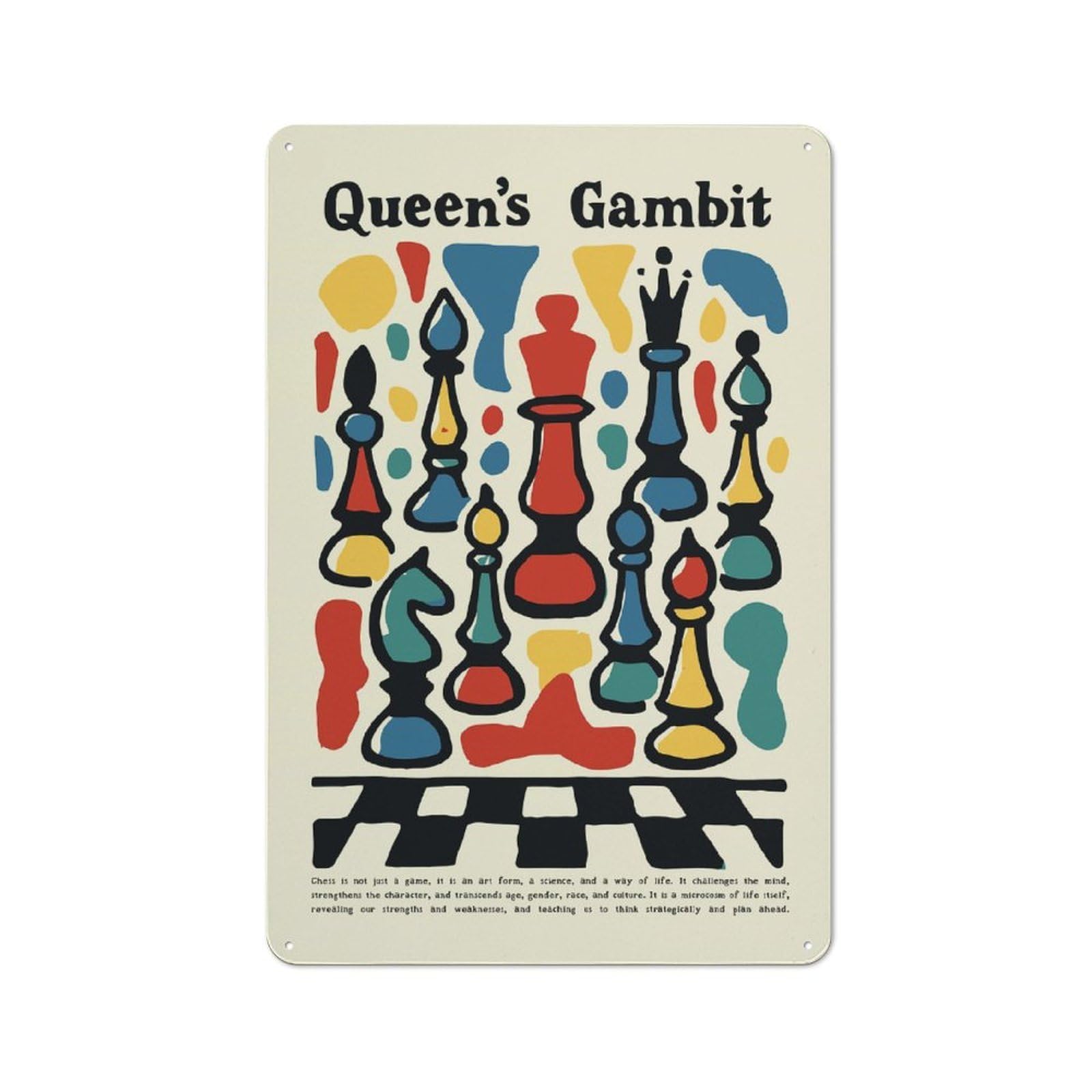 Junmoney Style-20 Queens Gambit Chess Art Rustic Metal Wall Sign 30X20cm For Workshop Wall, Suited To Makers And Diy Enthusiasts