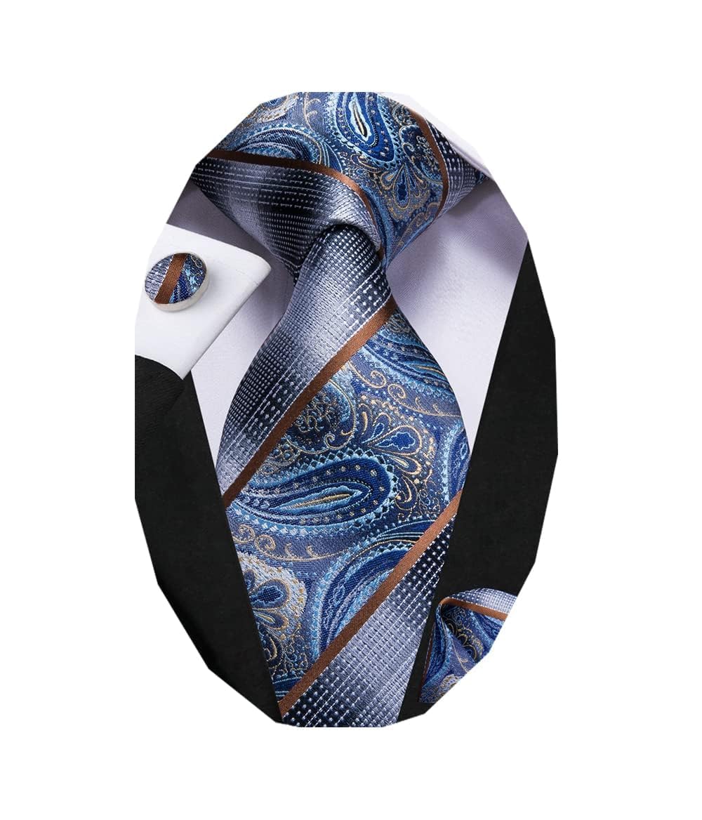 Dubulle Mens Paisley Striped Tie WOVEN Necktie for Men and Handkerchief Cufflinks Set Wedding Formal Business